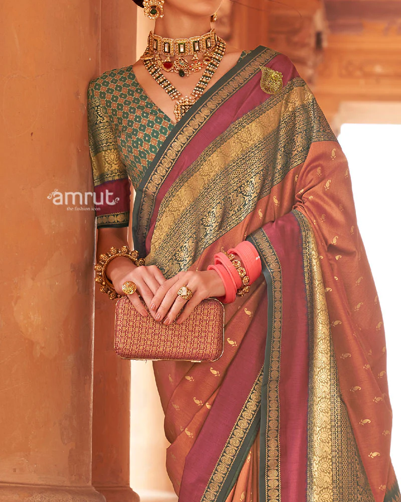 Rust Orange and Teal Dual-Tone Borders Printed Patola Silk Saree with Unstitched Blouse - Image 3