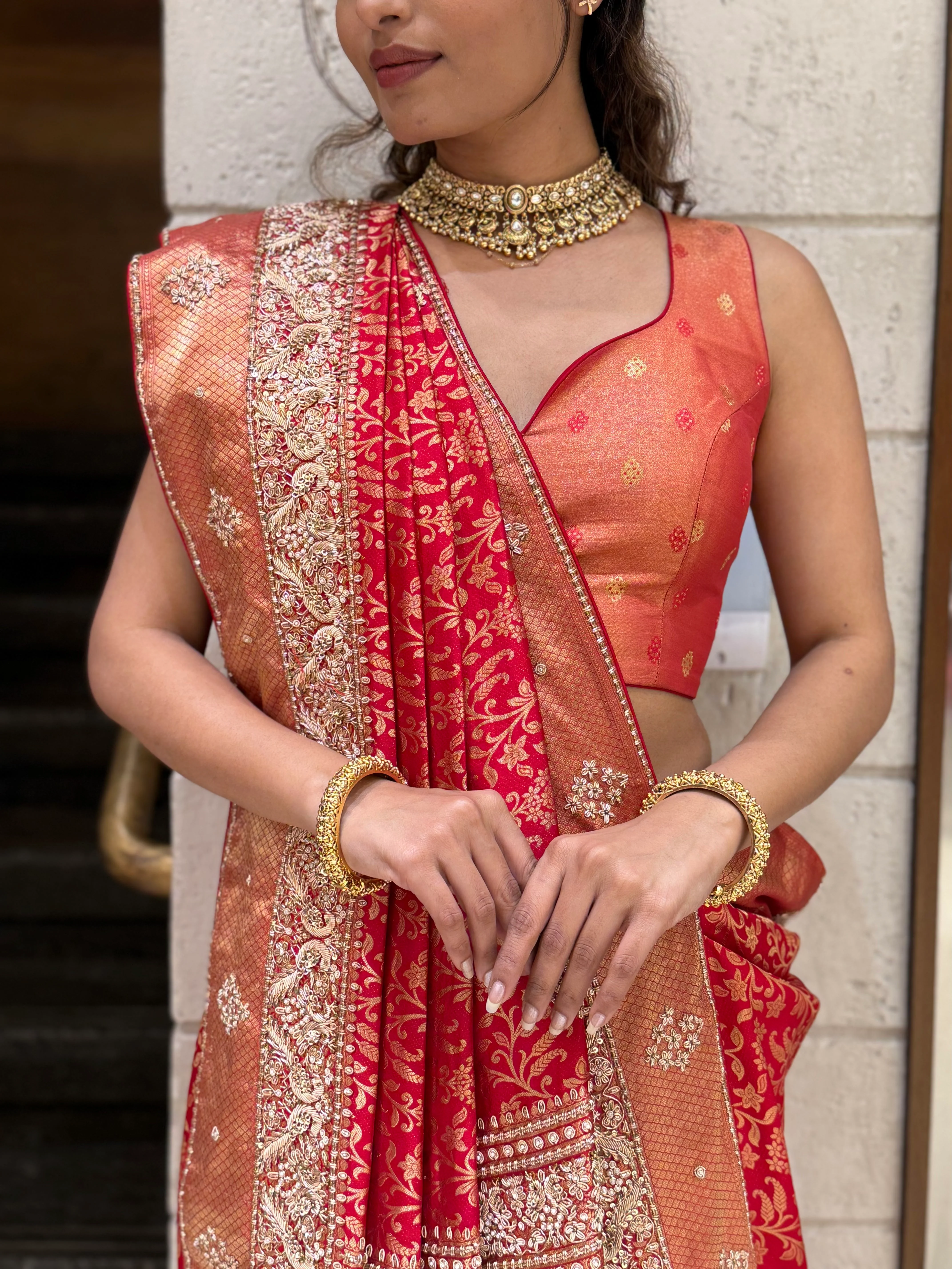 Rust Orange & Crimson Red Banarasi Silk Saree with Heavy Zari Pallu - Image 2