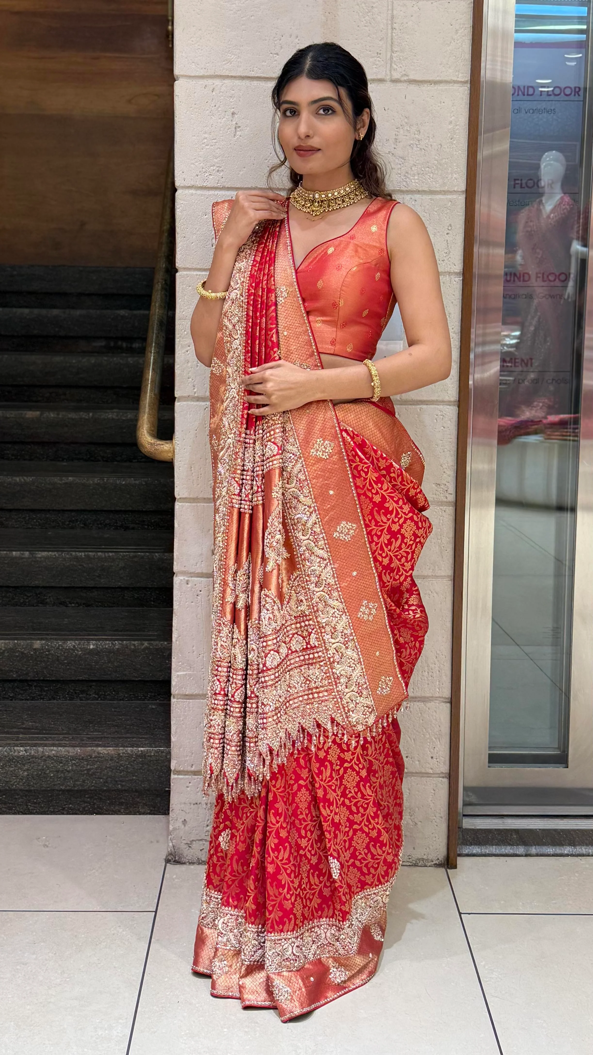 Rust Orange & Crimson Red Banarasi Silk Saree with Heavy Zari Pallu - Image 4