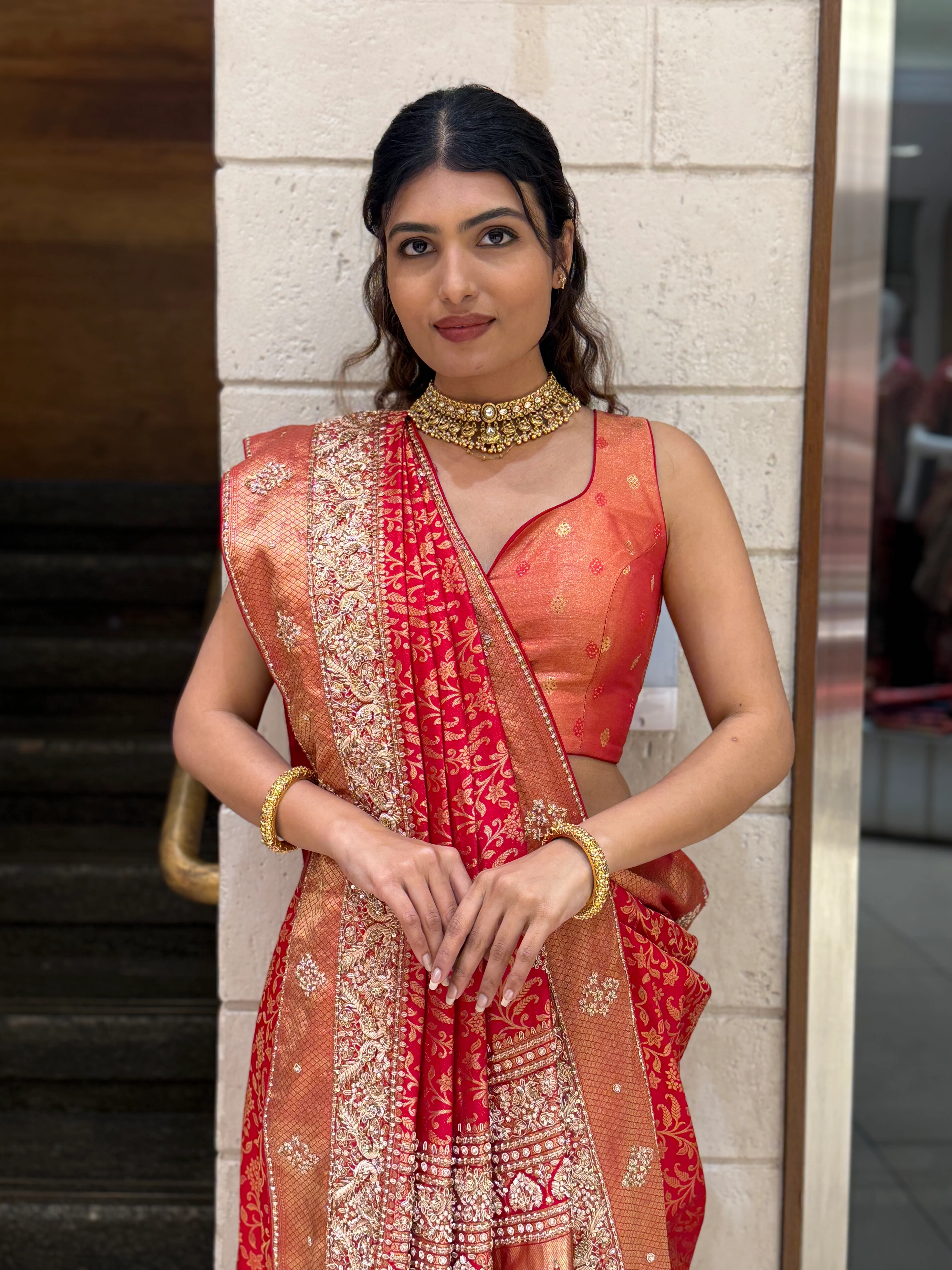 Rust Orange & Crimson Red Banarasi Silk Saree with Heavy Zari Pallu - Image 5
