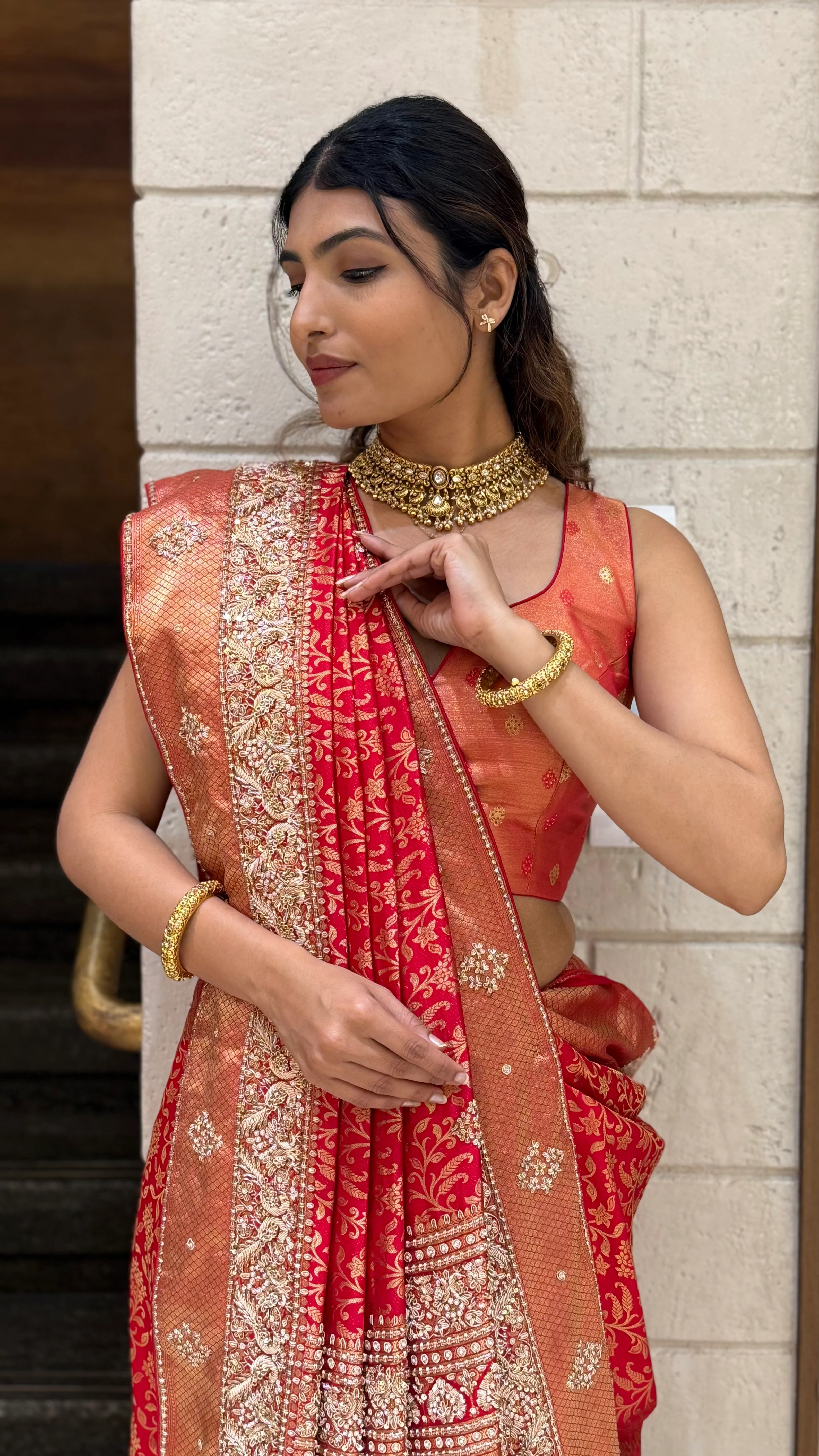 Rust Orange & Crimson Red Banarasi Silk Saree with Heavy Zari Pallu - Image 6