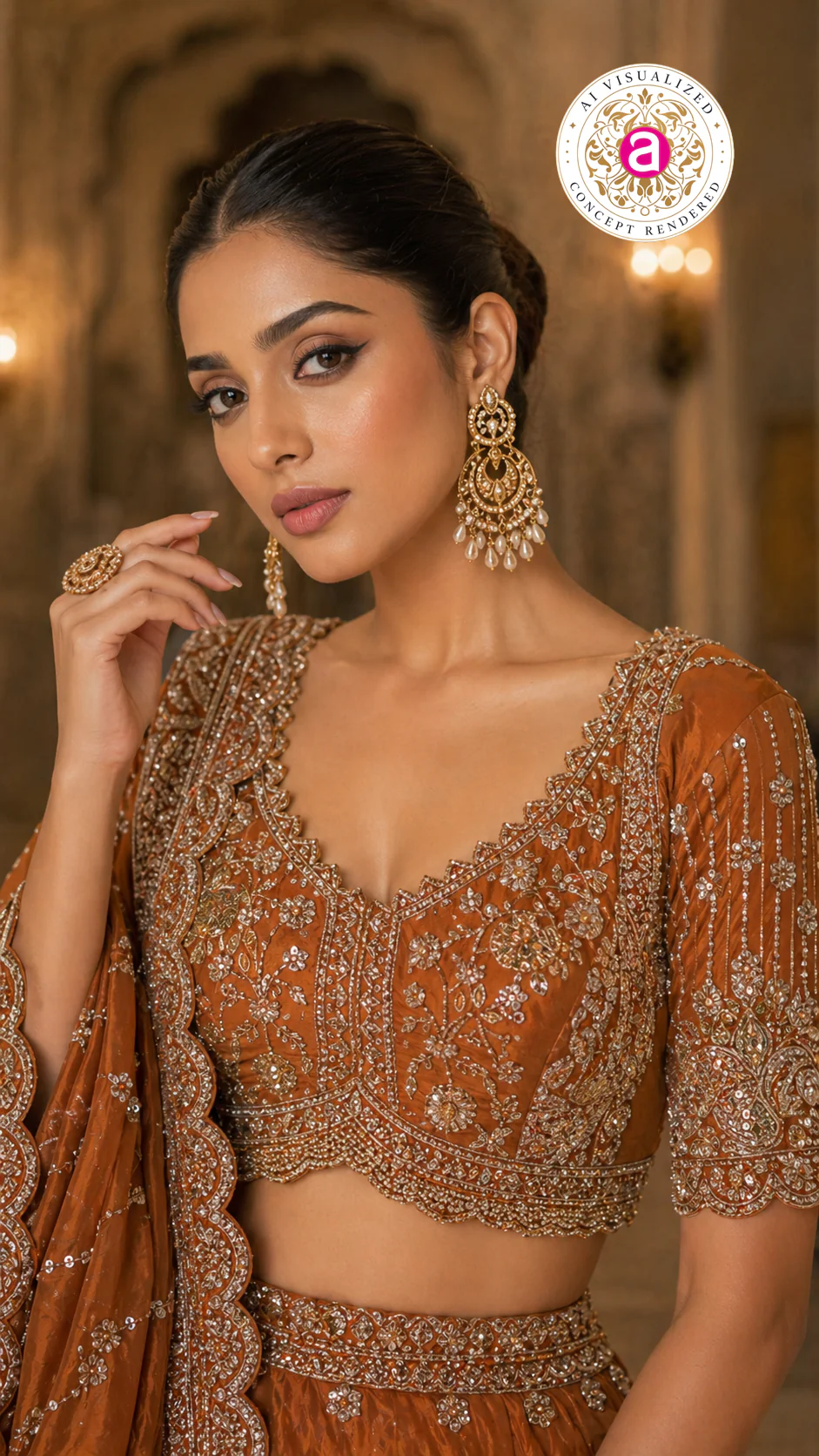 Rust Orange Designer Bridal Lehenga Set with Heavy Embroidery & Statement Dupatta - Image 2
