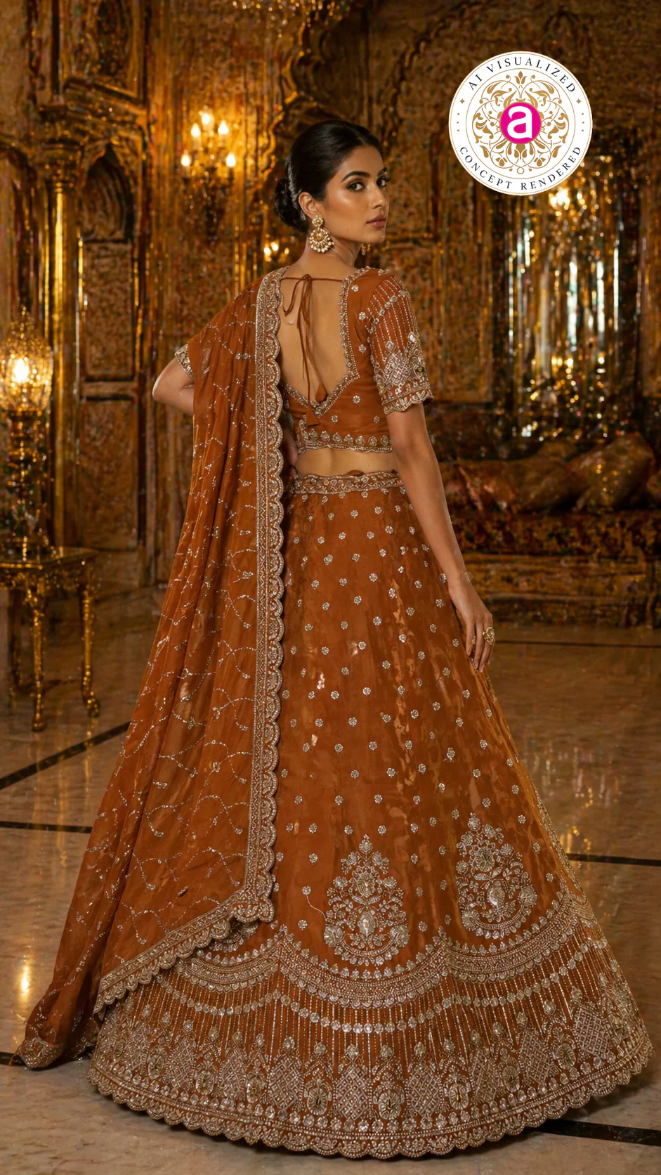 Rust Orange Designer Bridal Lehenga Set with Heavy Embroidery & Statement Dupatta - Image 3
