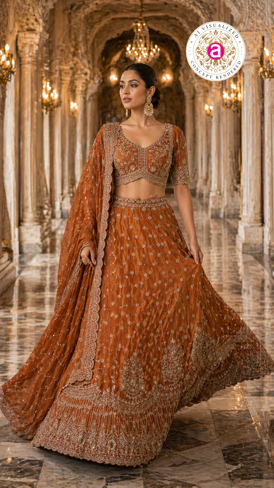 Rust Orange Designer Bridal Lehenga Set with Heavy Embroidery & Statement Dupatta - Image 4