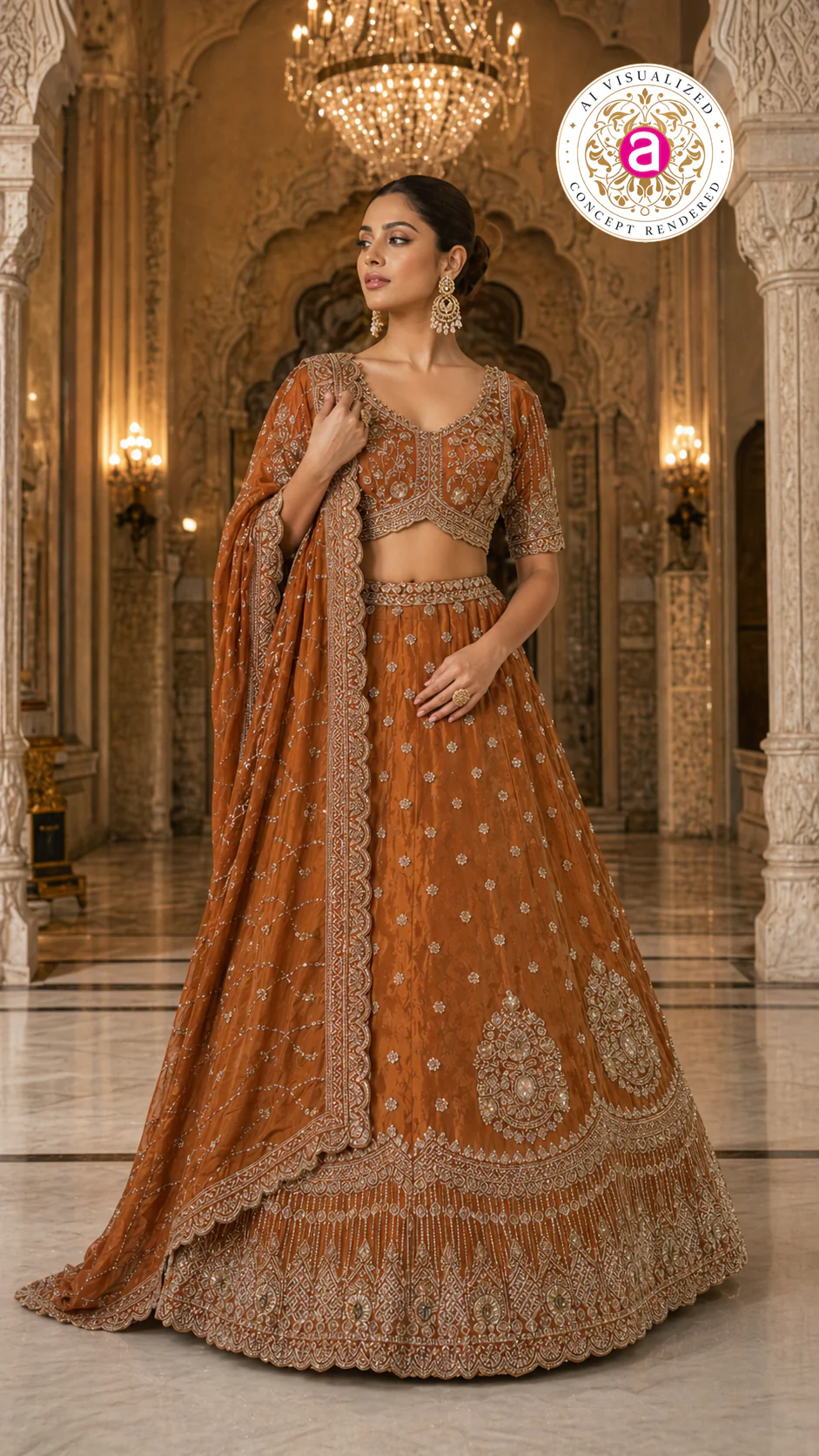 Rust Orange Designer Bridal Lehenga Set with Heavy Embroidery & Statement Dupatta - Image 5