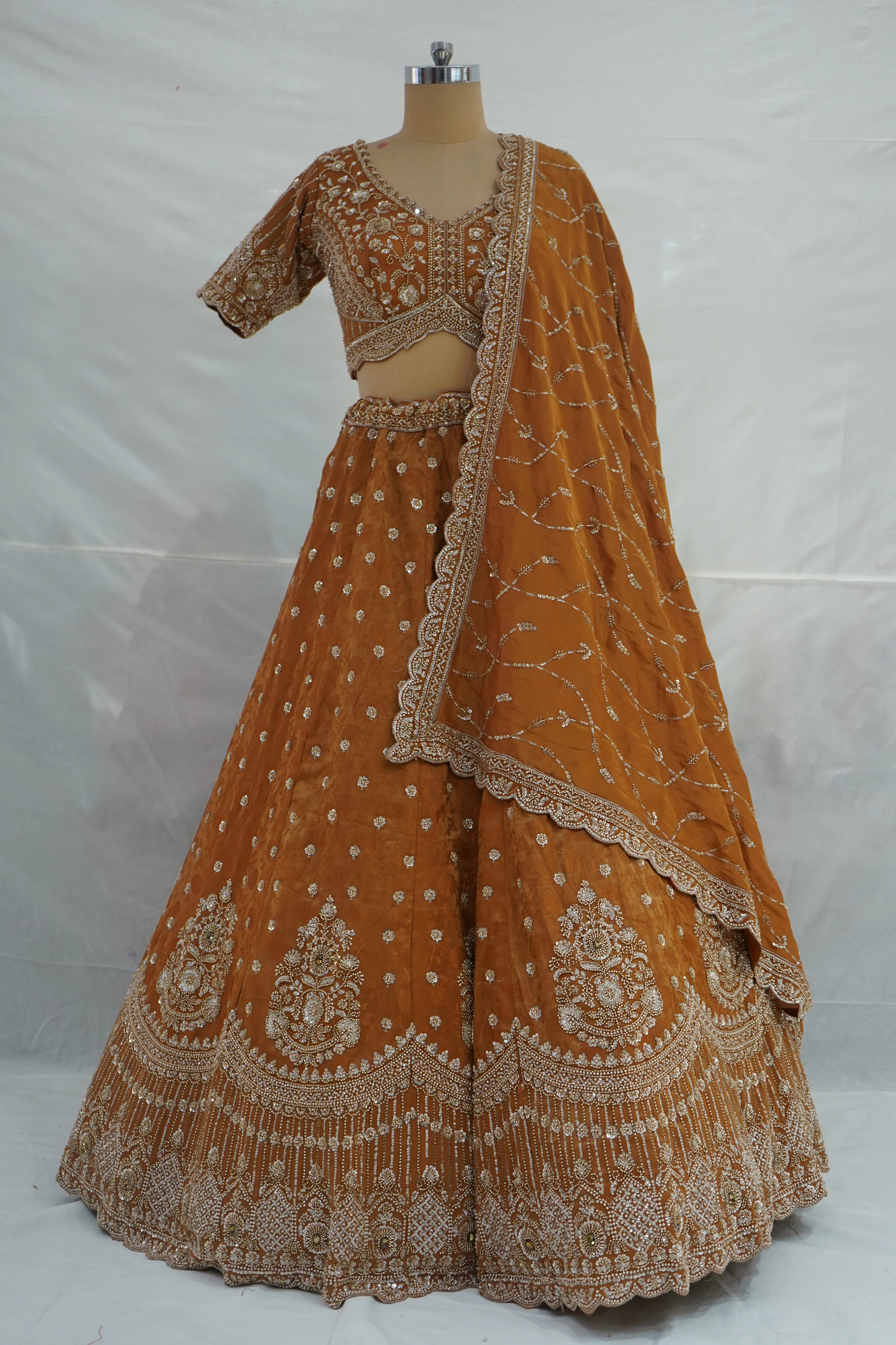 Rust Orange Designer Bridal Lehenga Set with Heavy Embroidery & Statement Dupatta - Image 6