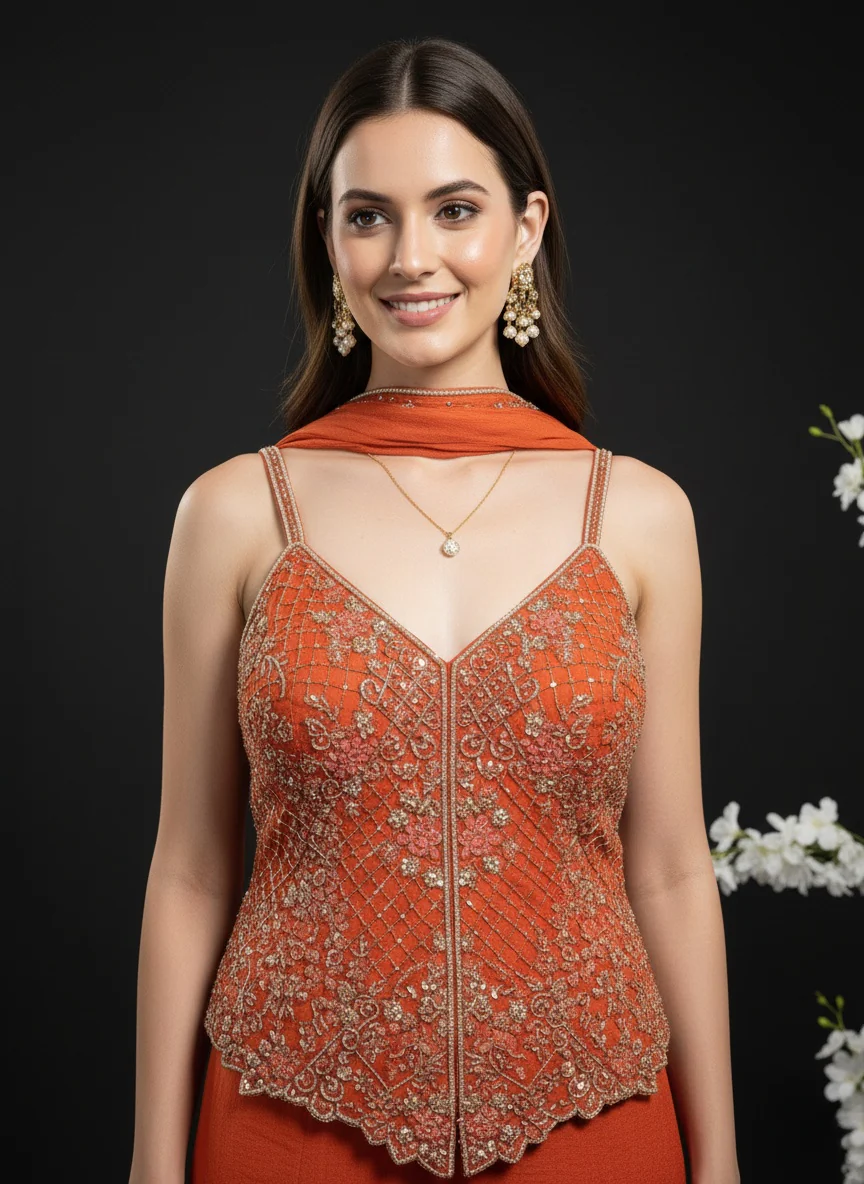 Rust Orange Embroidered Sleeveless Palazzo Suit with Dupatta - Image 2