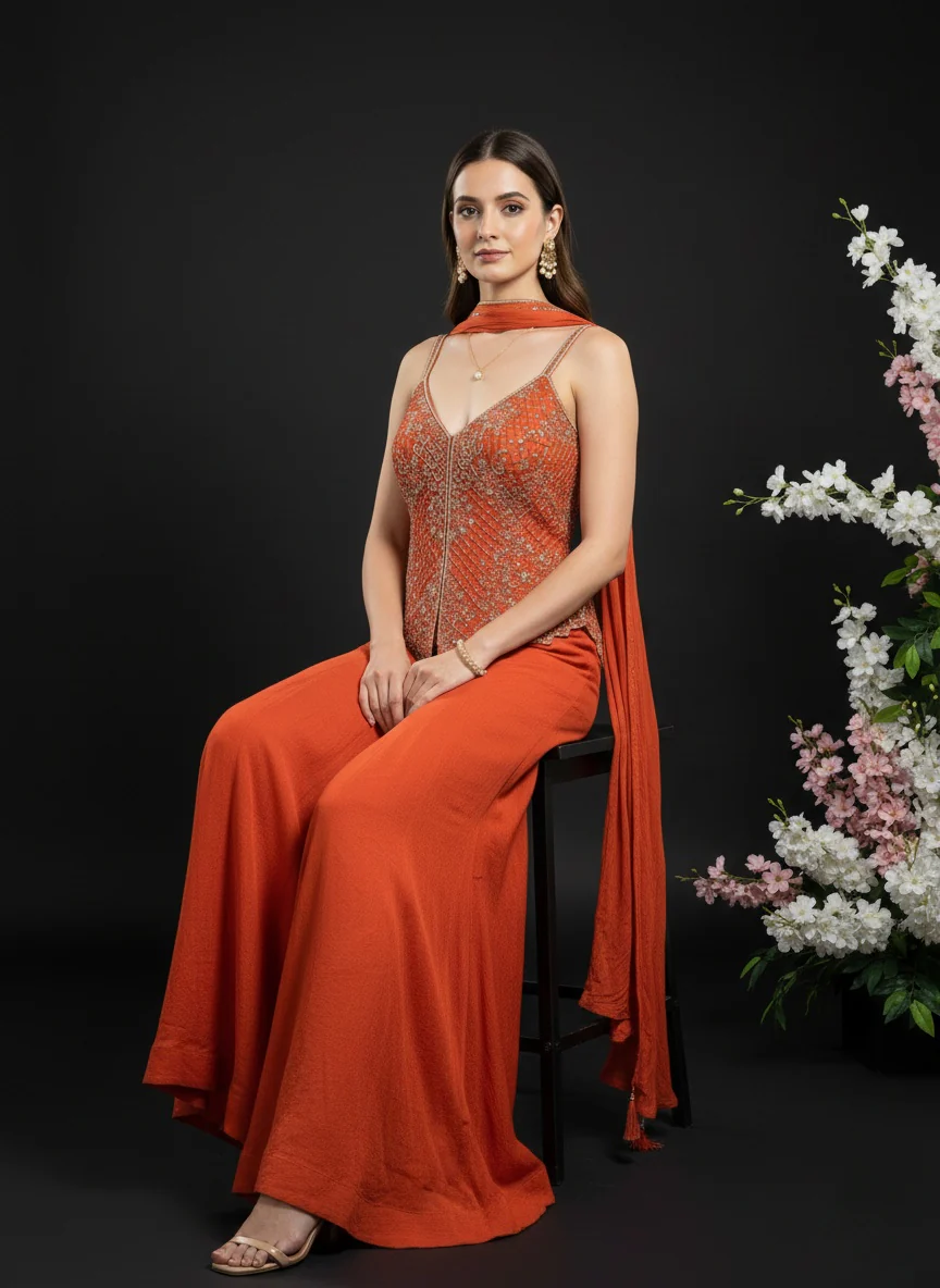 Rust Orange Embroidered Sleeveless Palazzo Suit with Dupatta - Image 3