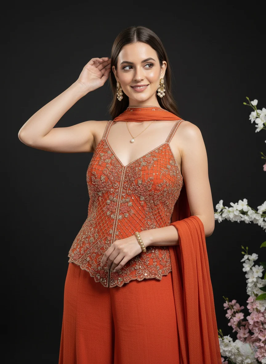 Rust Orange Embroidered Sleeveless Palazzo Suit with Dupatta - Image 4