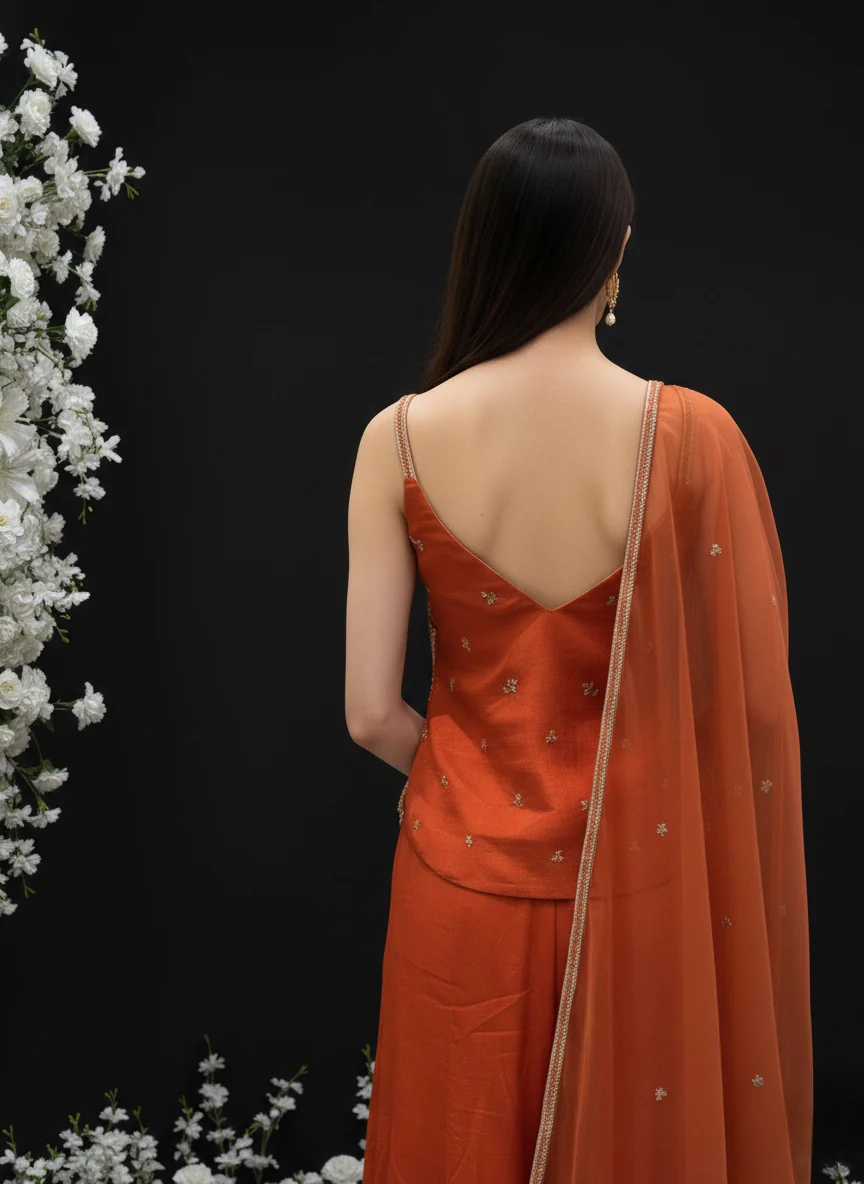 Rust Orange Embroidered Sleeveless Palazzo Suit with Dupatta - Image 5