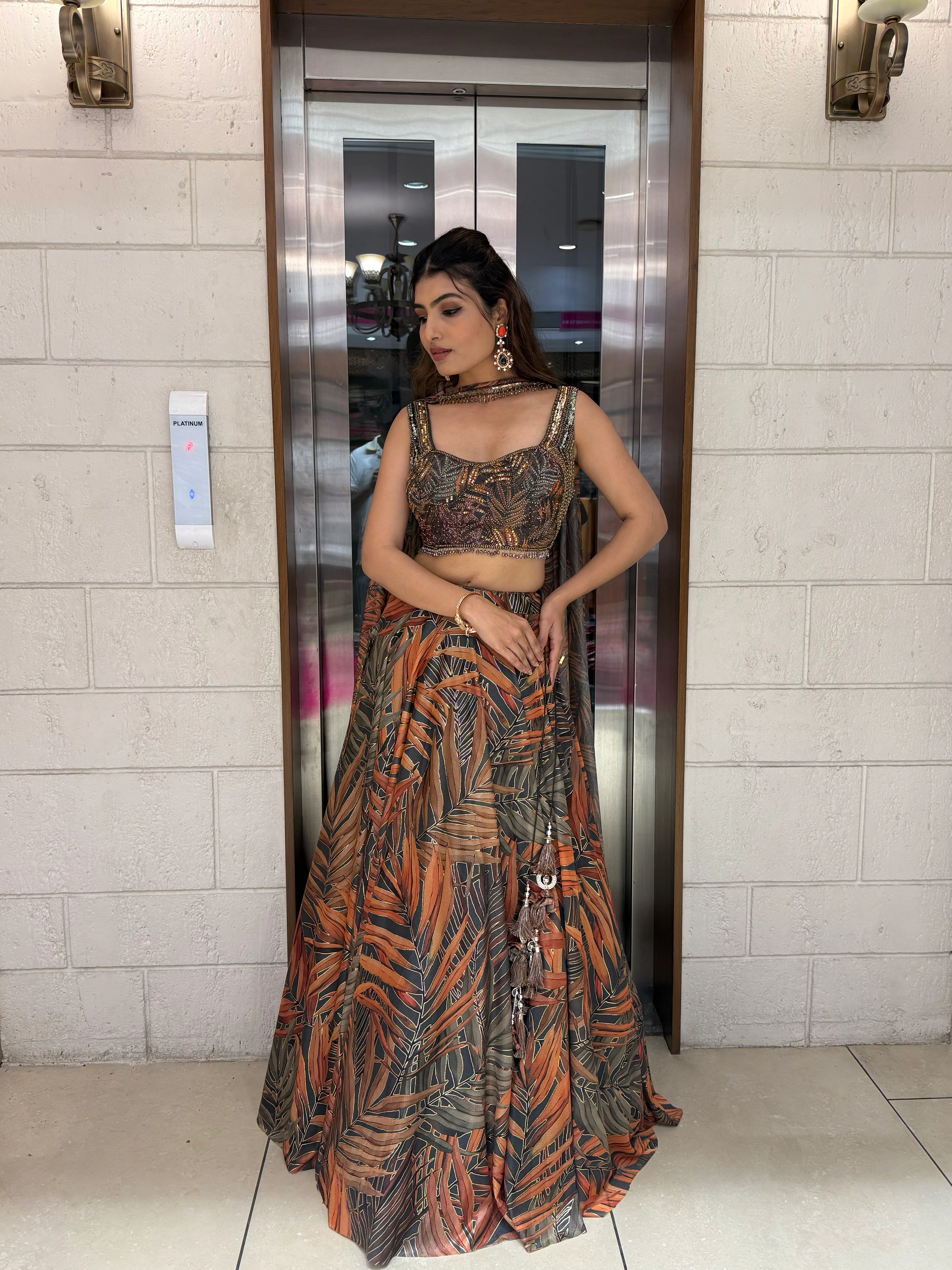Rust Orange & Olive Leaf Print Lehenga with Embellished Blouse & Dupatta - Image 5