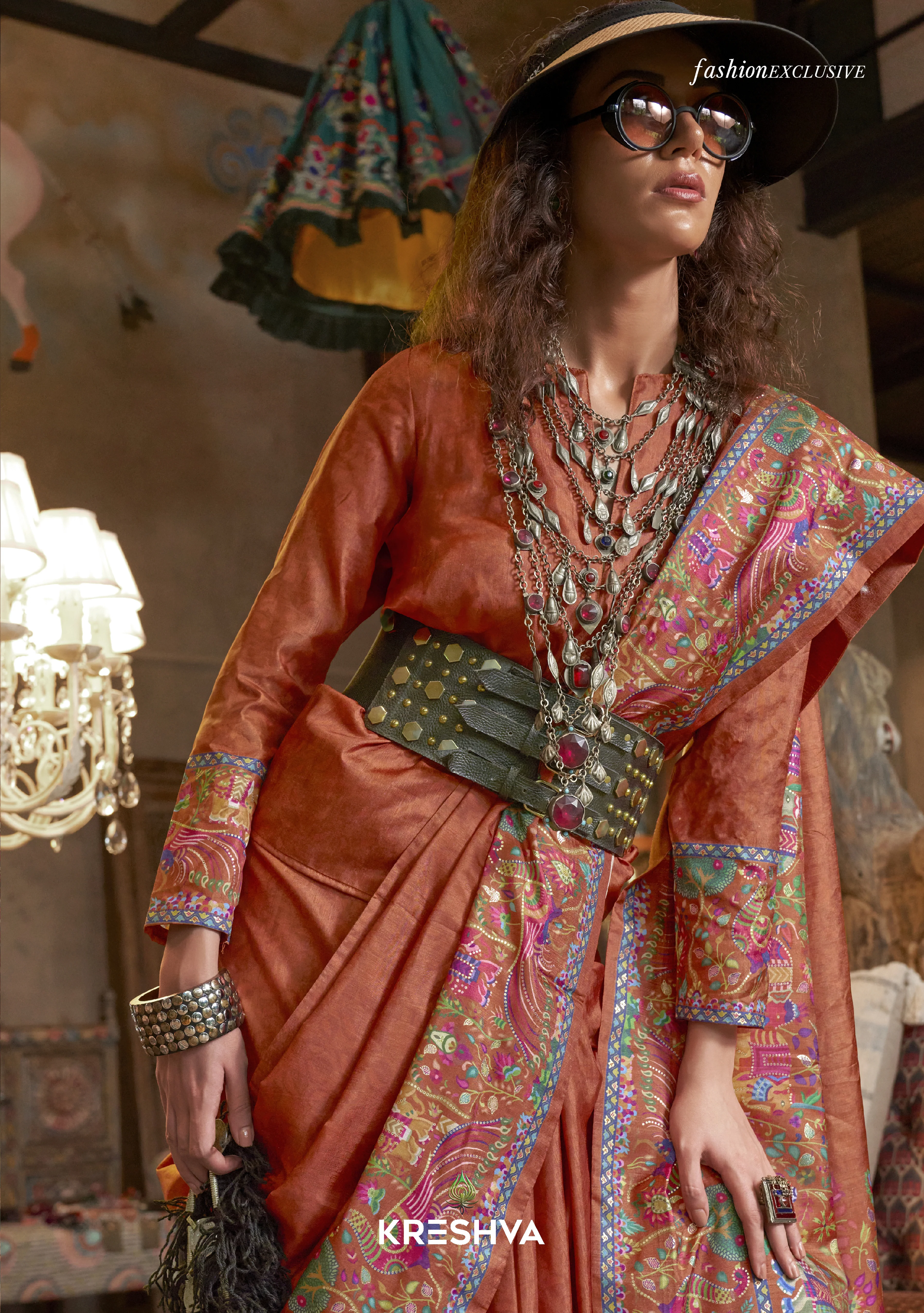 Rust Orange Pashmina Prints Inspired Designer Saree with Folk Motifs - Image 2