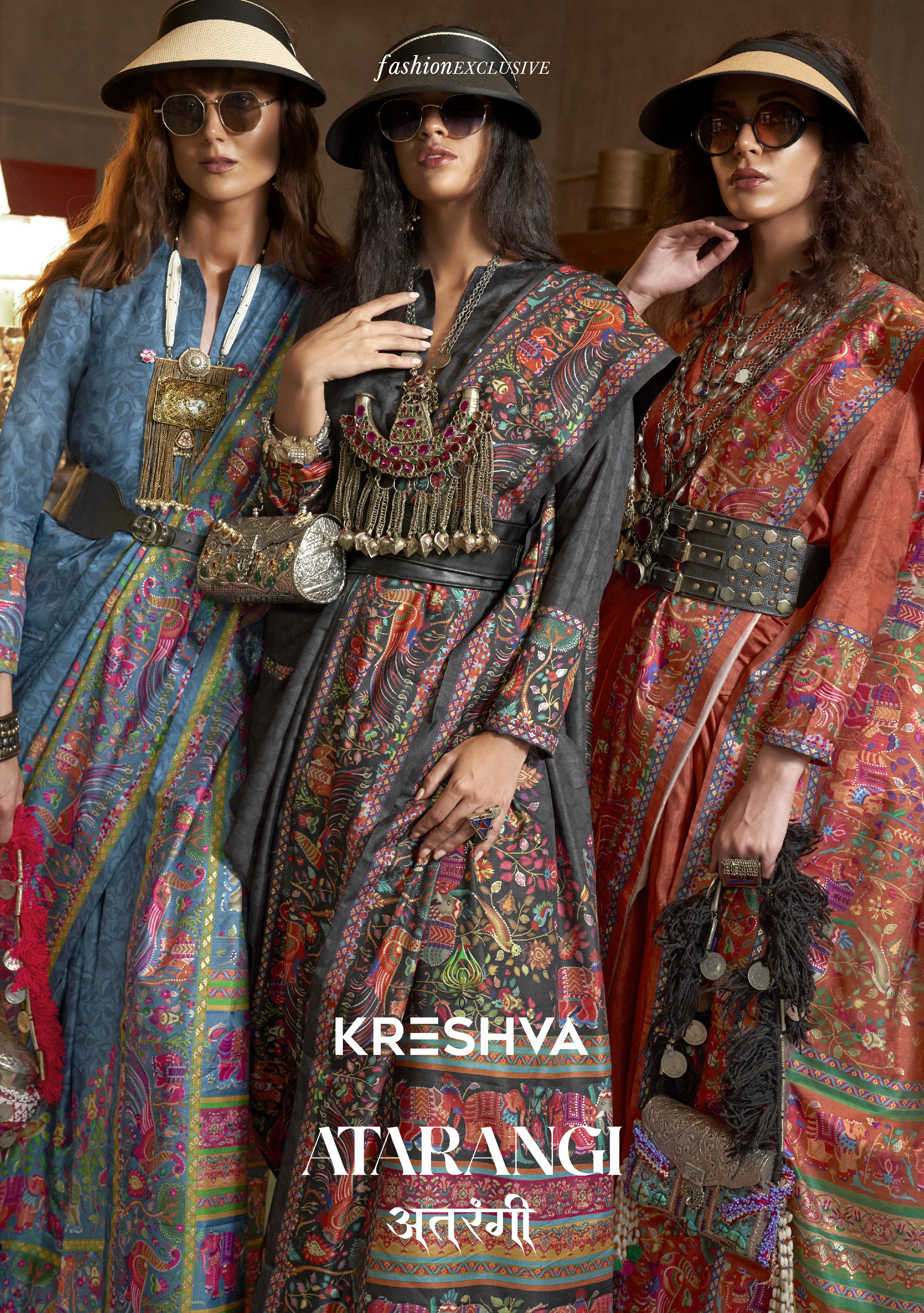 Rust Orange Pashmina Prints Inspired Designer Saree with Folk Motifs - Image 3