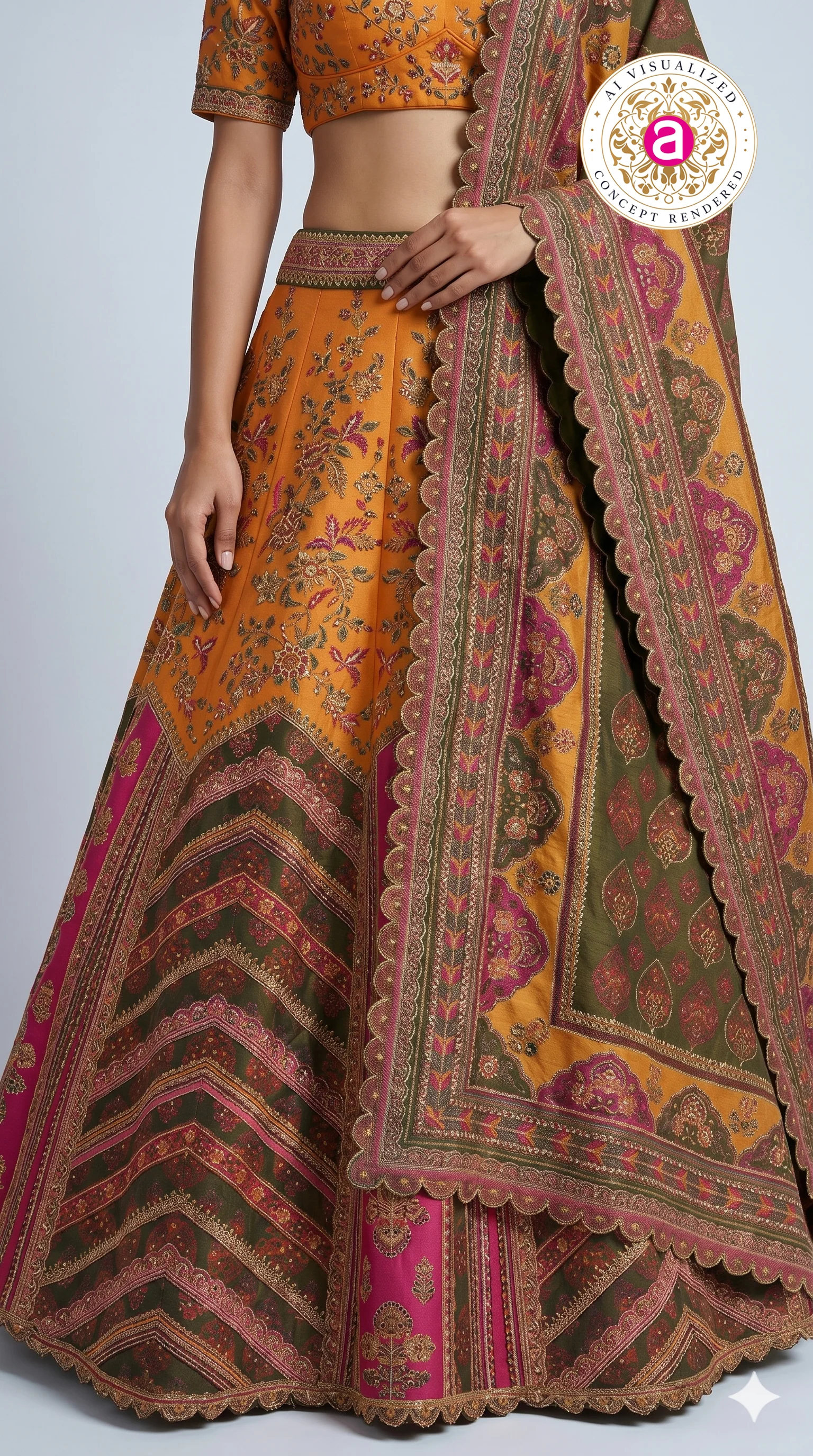 Rust Orange Printed Lehenga Choli with Traditional Border Dupatta - Image 3