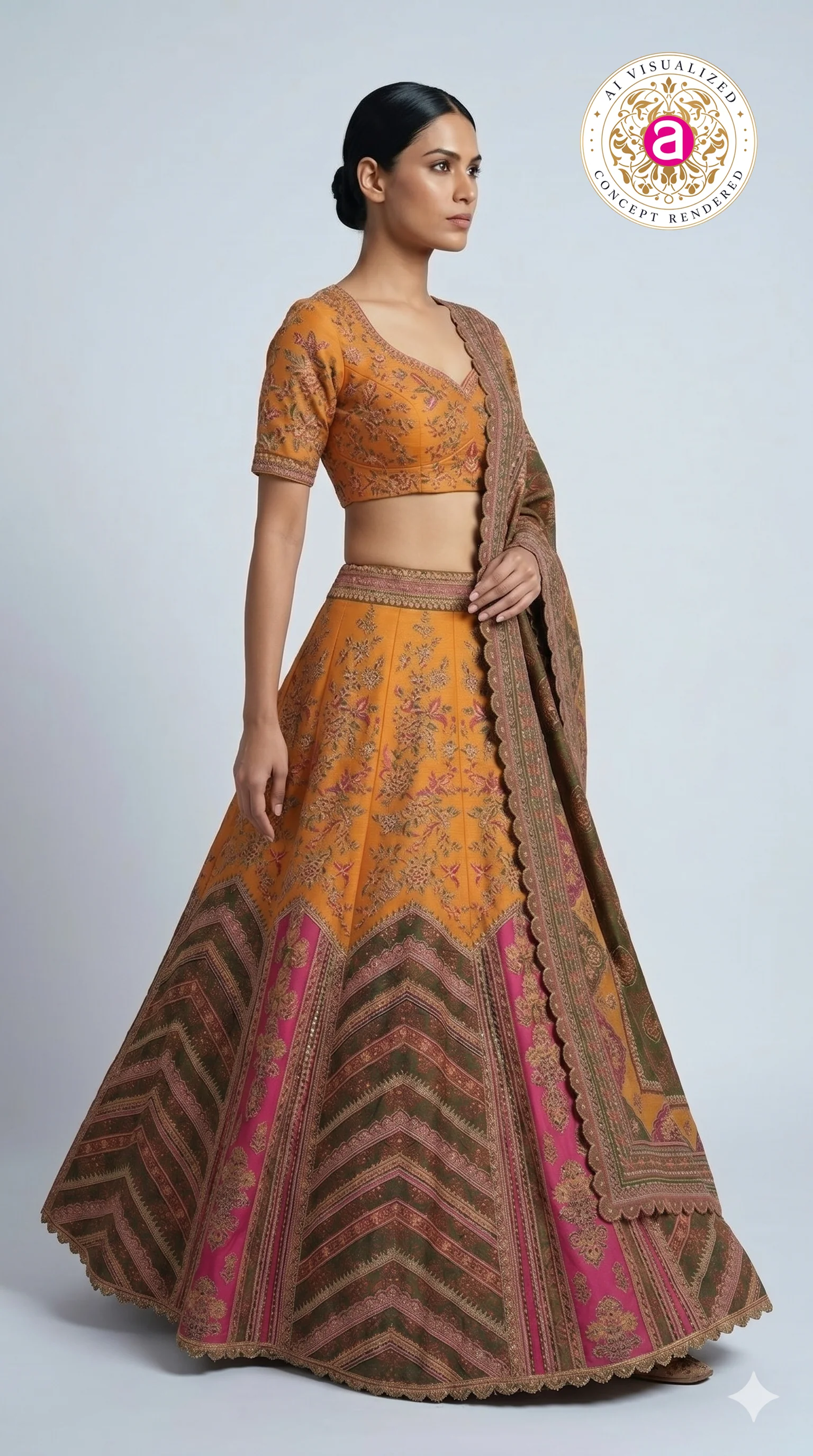 Rust Orange Printed Lehenga Choli with Traditional Border Dupatta - Image 5