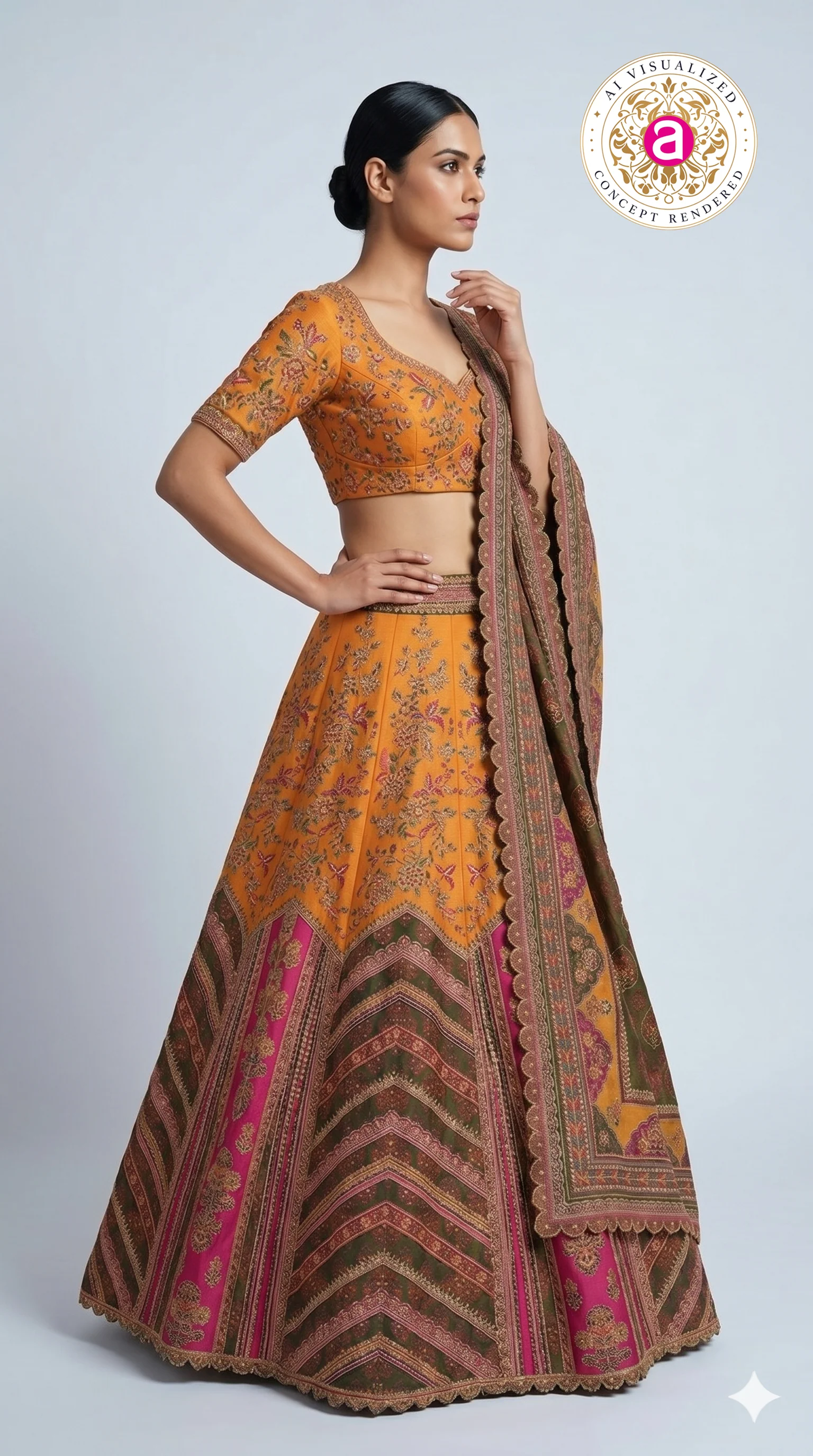 Rust Orange Printed Lehenga Choli with Traditional Border Dupatta - Image 6