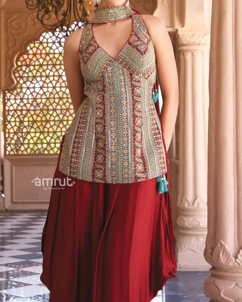 Rust Red Printed Georgette Dhoti Set - Image 3