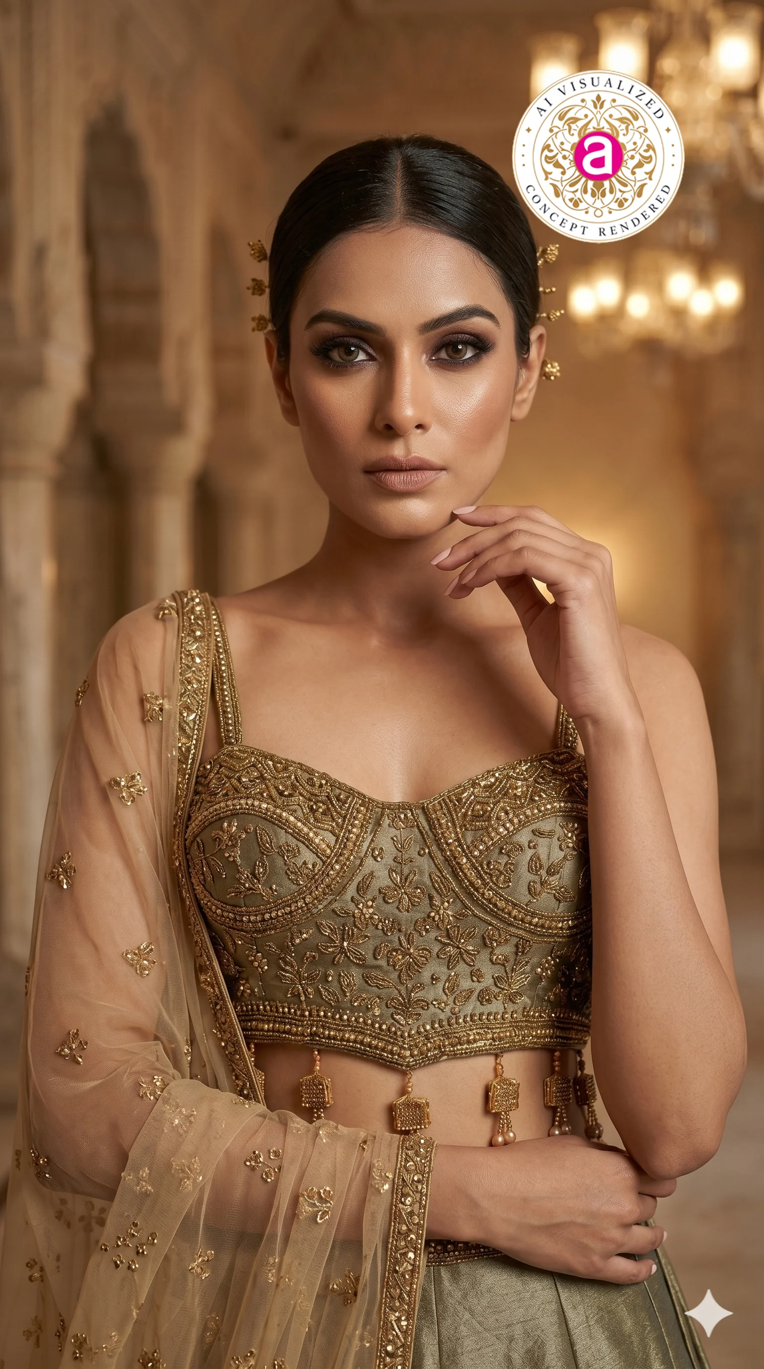 Sage Gold Designer Lehenga Set with Embroidered Blouse & Net Dupatta - Image 2