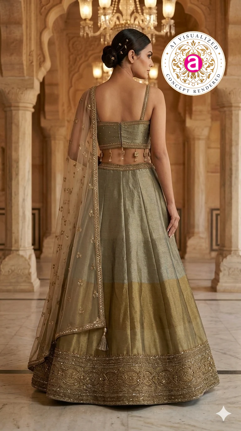 Sage Gold Designer Lehenga Set with Embroidered Blouse & Net Dupatta - Image 3