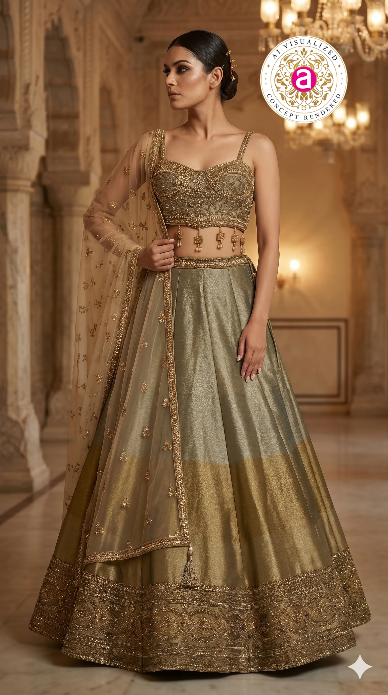 Sage Gold Designer Lehenga Set with Embroidered Blouse & Net Dupatta - Image 4