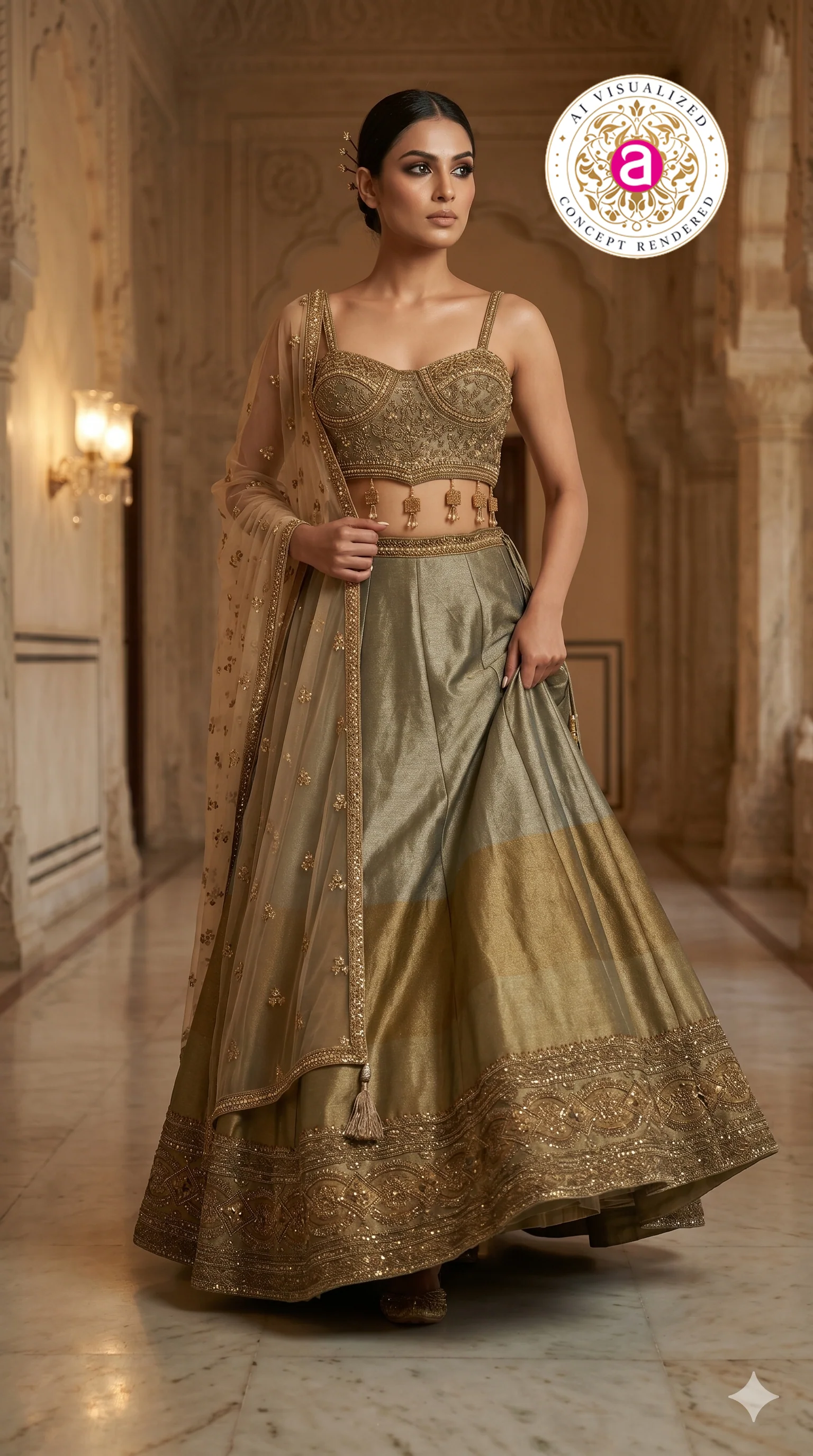 Sage Gold Designer Lehenga Set with Embroidered Blouse & Net Dupatta - Image 5
