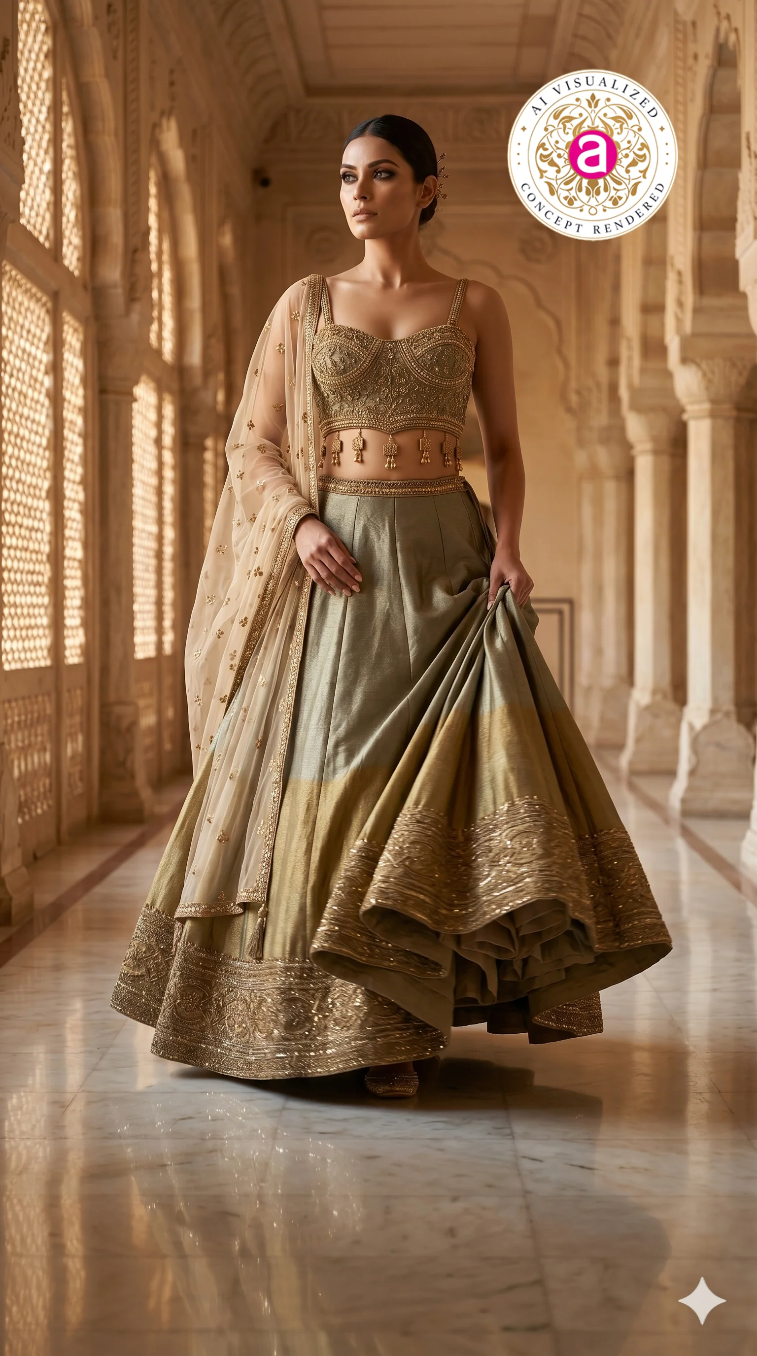 Sage Gold Designer Lehenga Set with Embroidered Blouse & Net Dupatta - Image 6