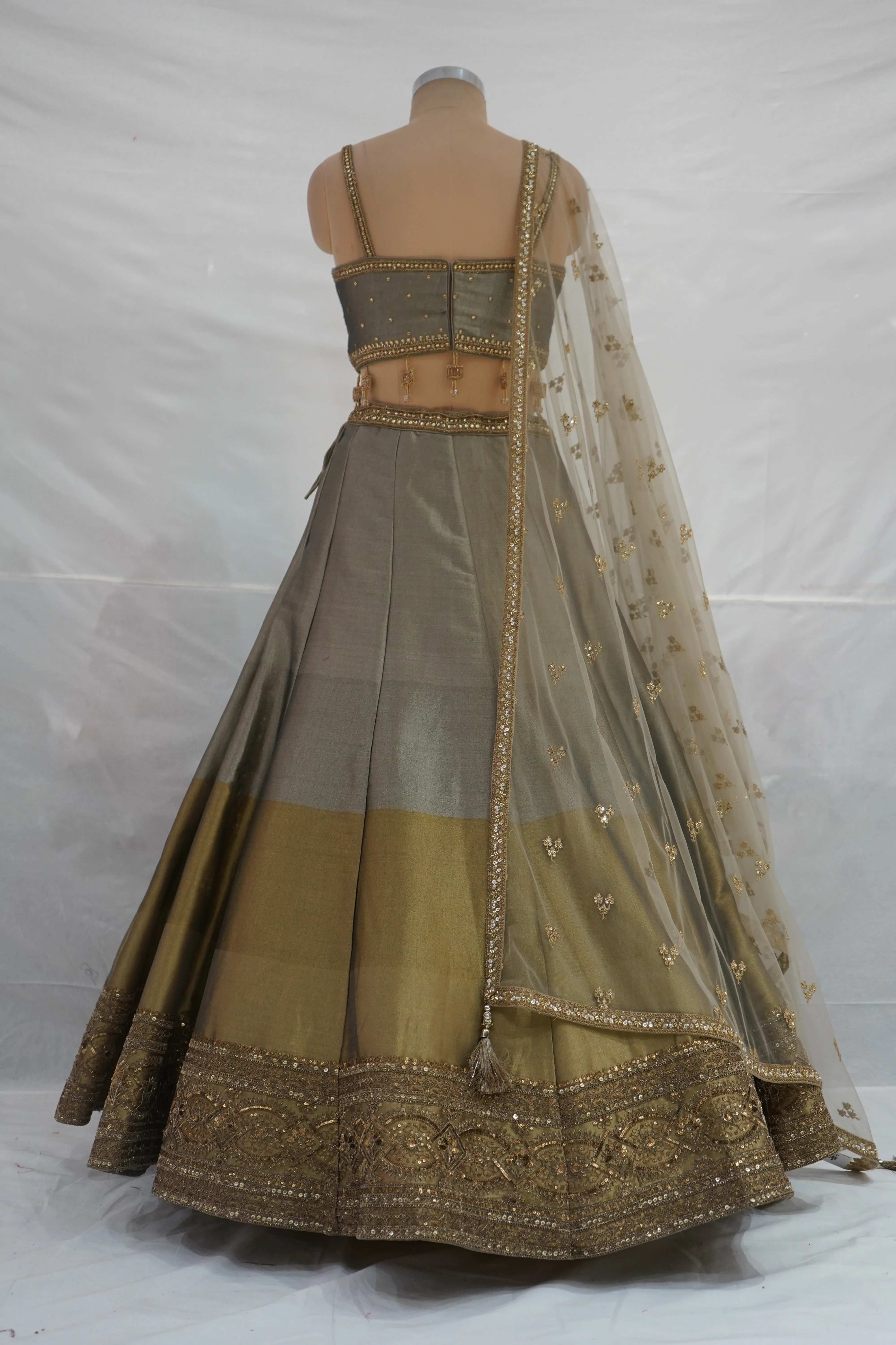 Sage Gold Designer Lehenga Set with Embroidered Blouse & Net Dupatta - Image 7