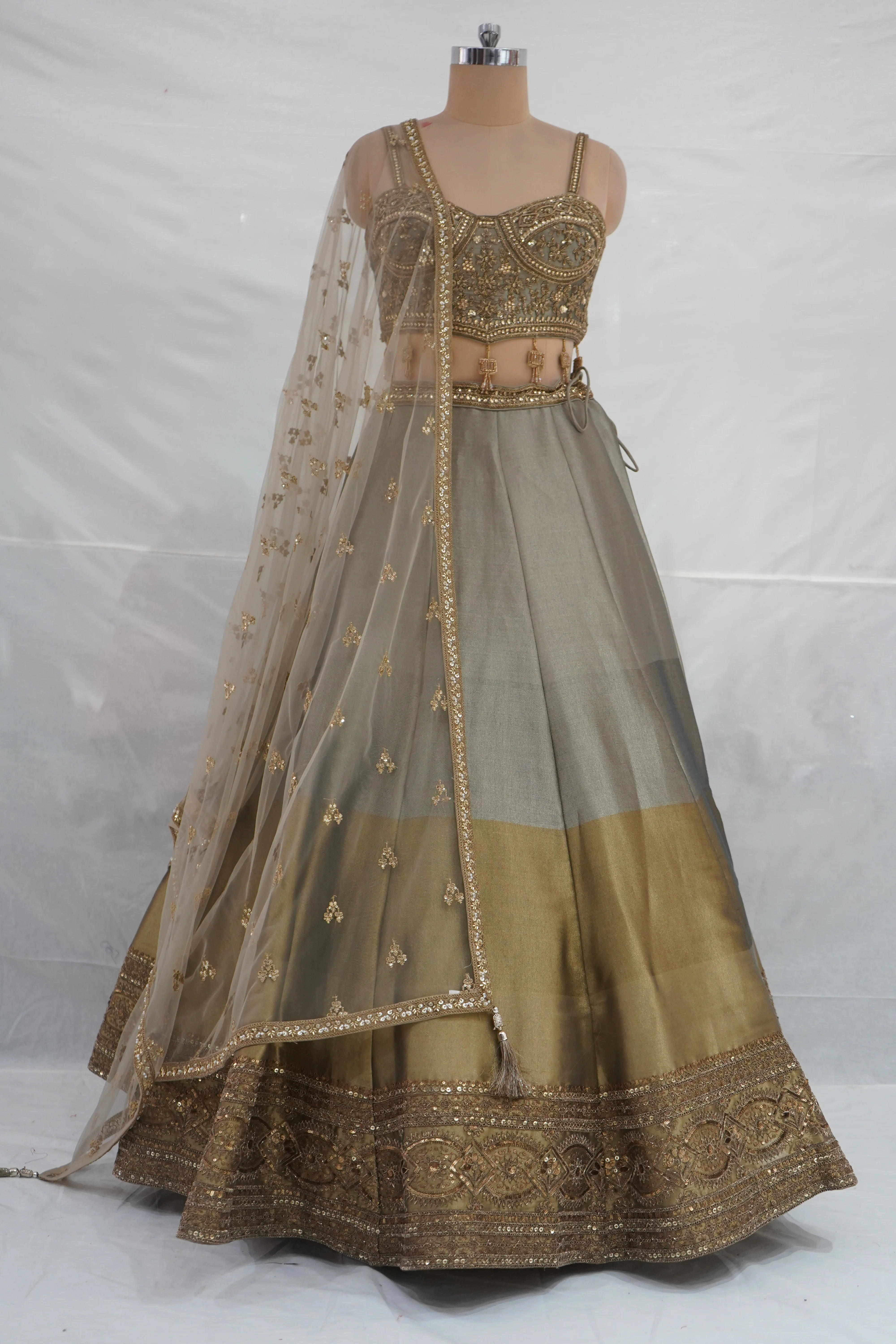 Sage Gold Designer Lehenga Set with Embroidered Blouse & Net Dupatta - Image 8