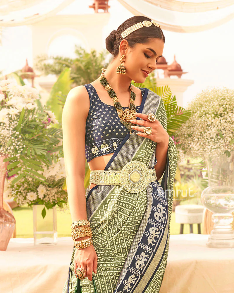 Sage Green and Blue Zari Border Patola Silk Saree with Unstitched Blouse - Image 2