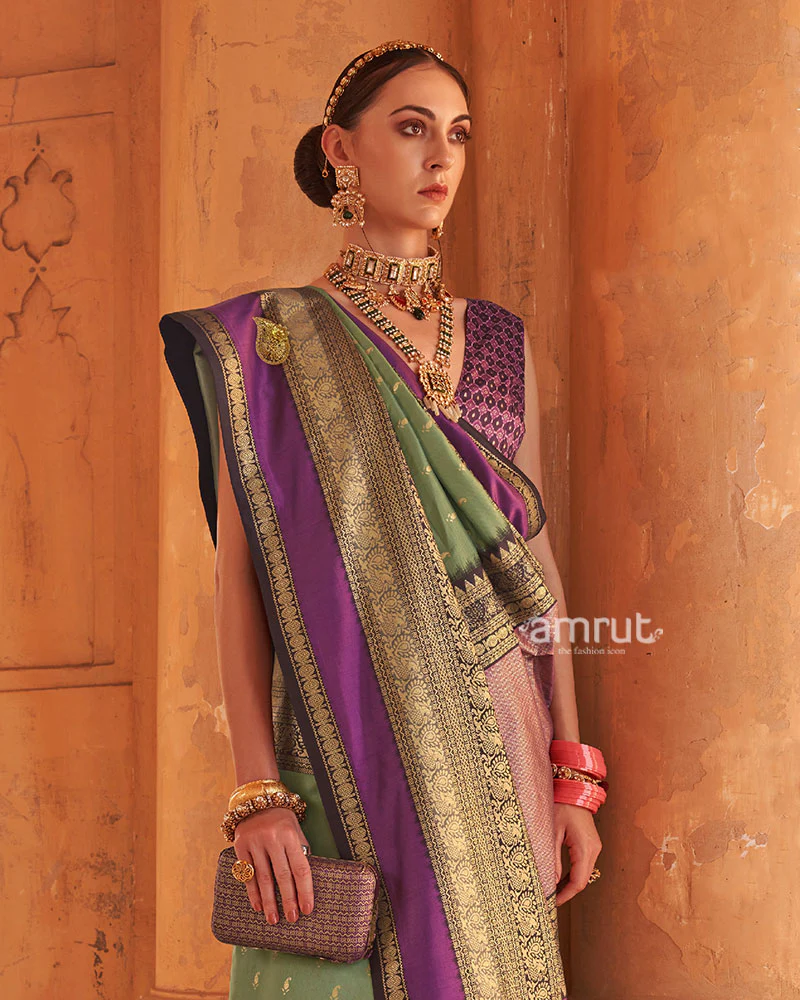 Sage Green and Purple Printed Patola Silk Saree with Unstitched Blouse - Image 2