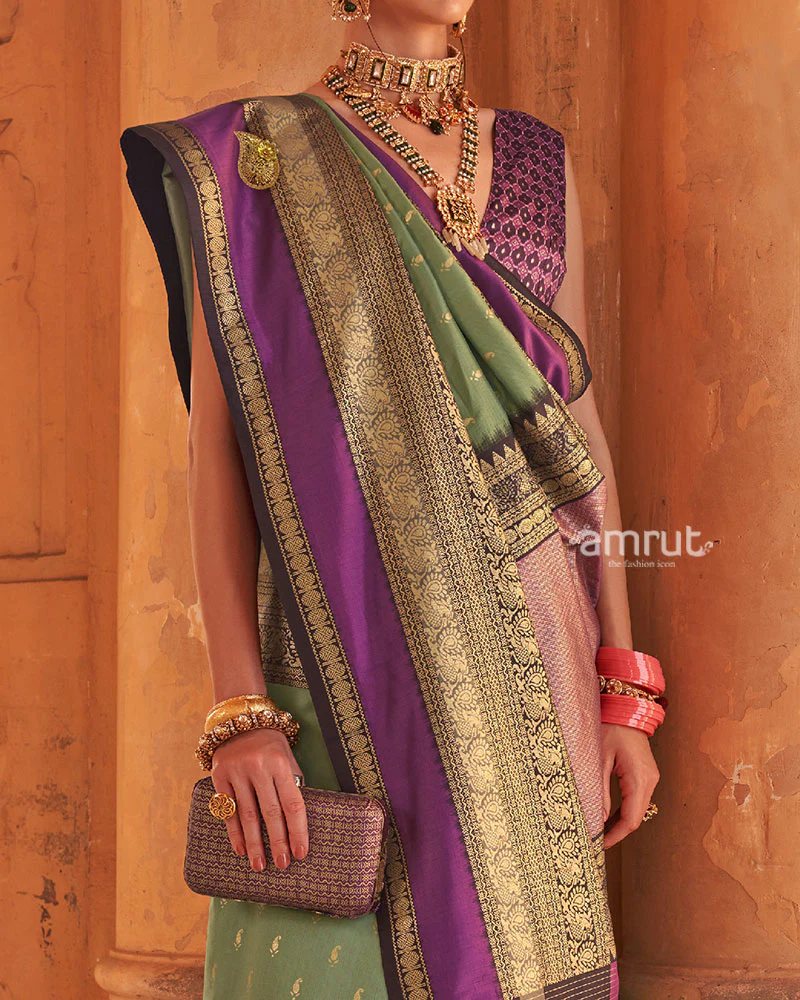 Sage Green and Purple Printed Patola Silk Saree with Unstitched Blouse - Image 3