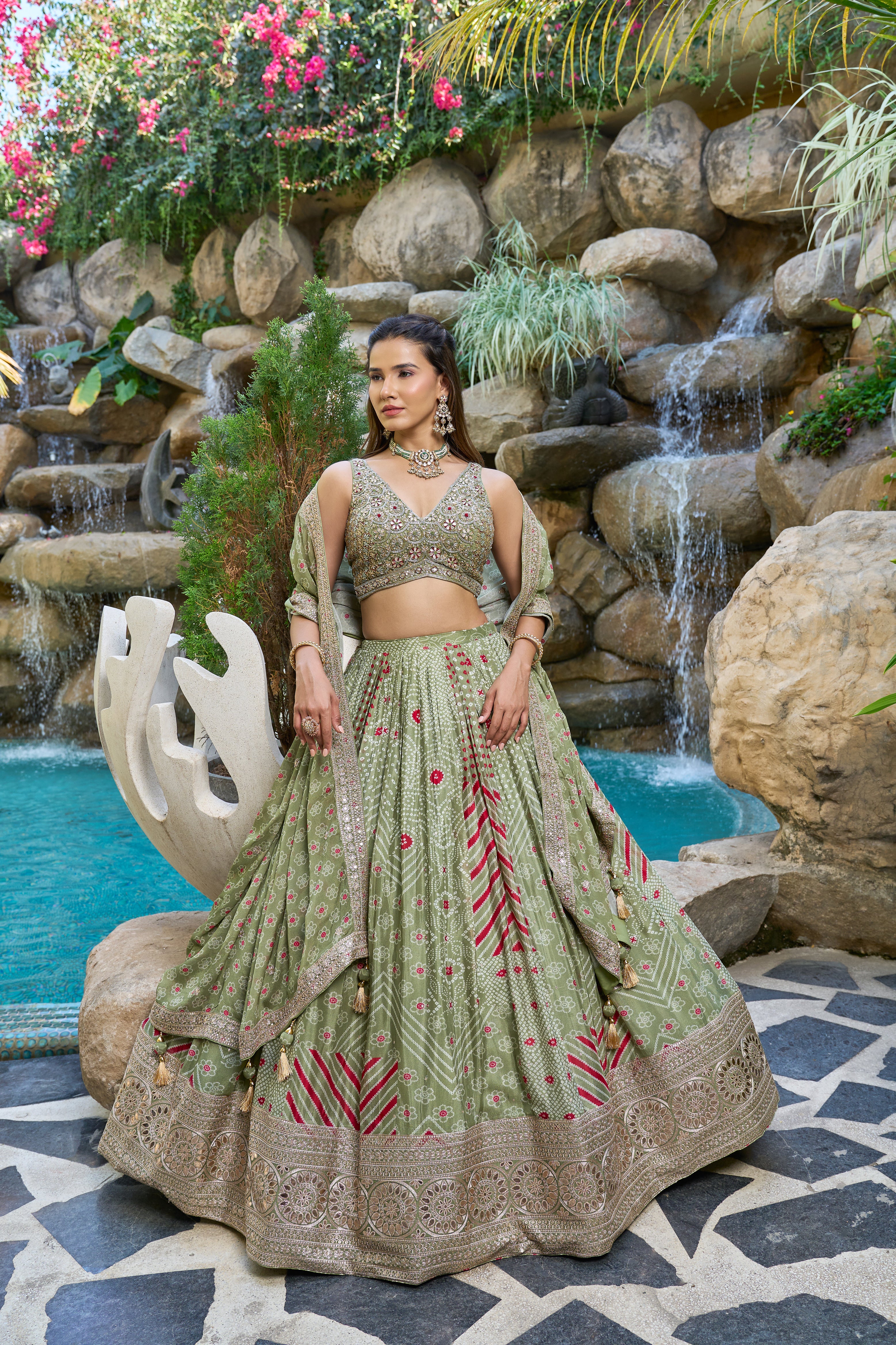 Sage Green Designer Lehenga Set with Embroidered Blouse & Printed Dupatta - Image 2
