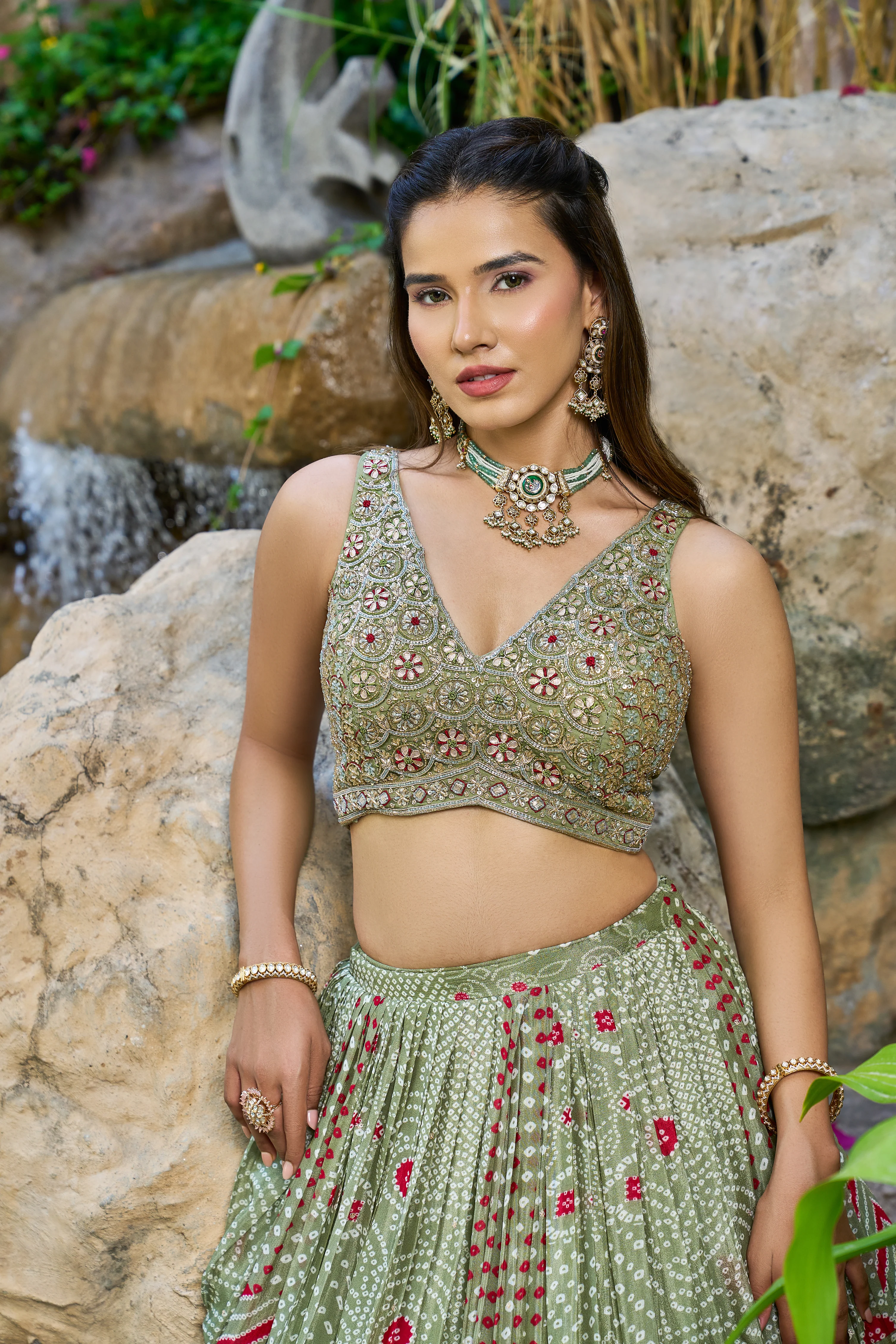 Sage Green Designer Lehenga Set with Embroidered Blouse & Printed Dupatta - Image 3