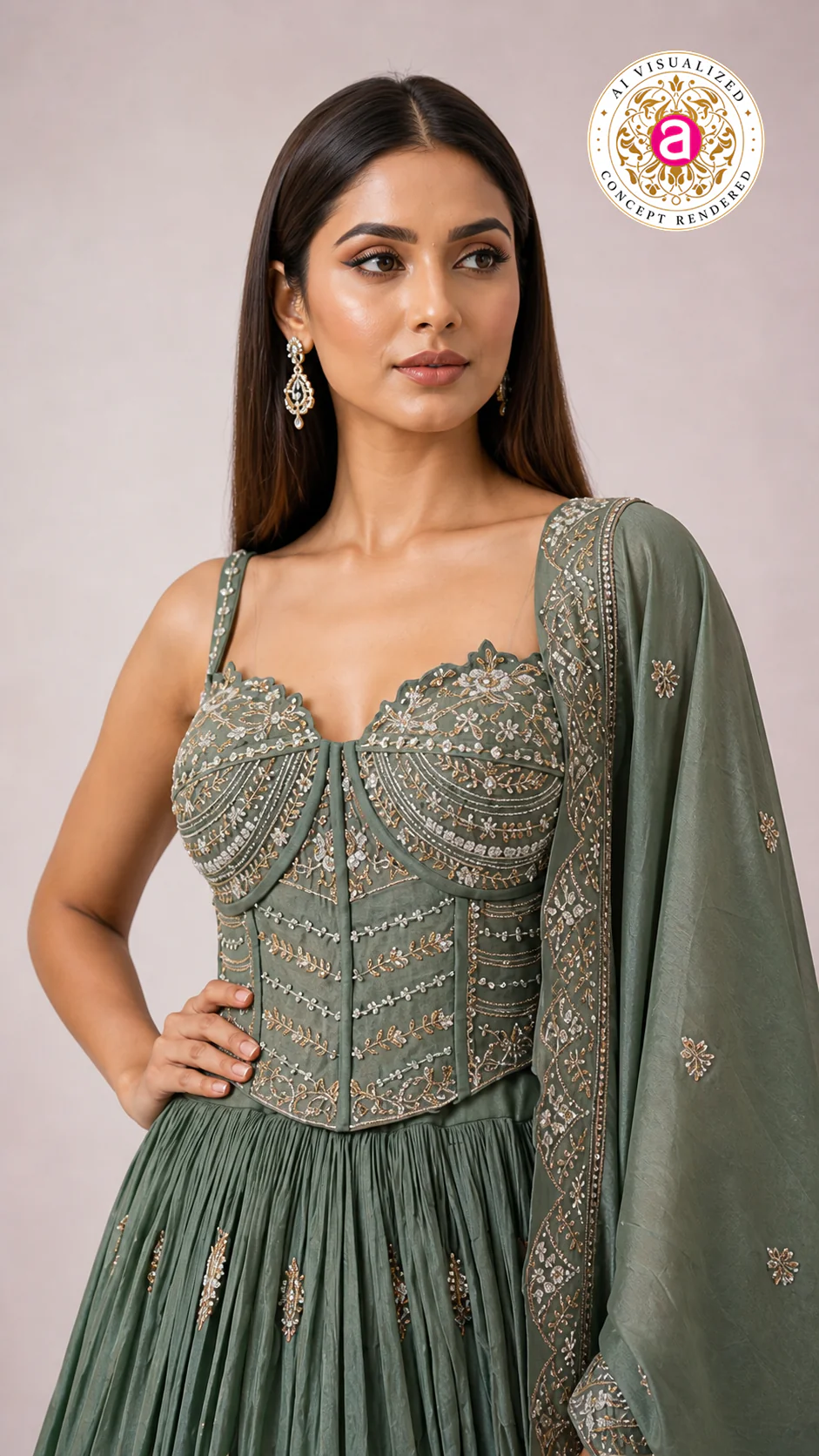 Sage Green Embroidered Lehenga Choli with Corset Blouse & Dupatta - Image 2