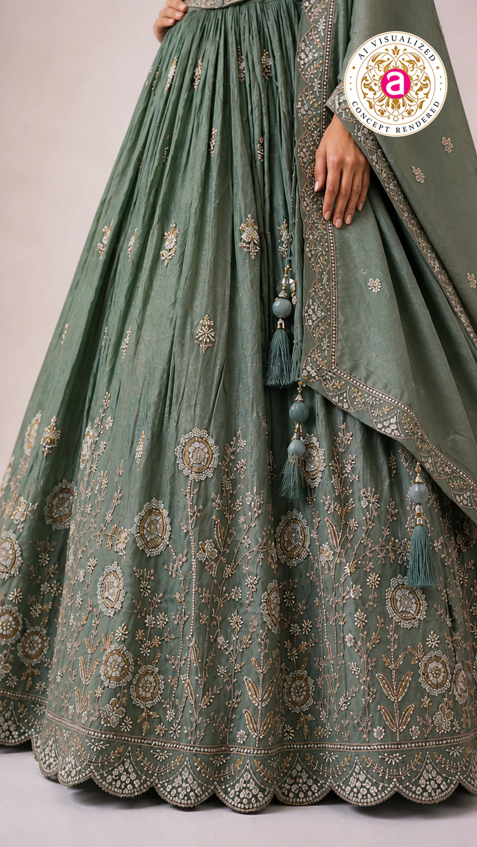 Sage Green Embroidered Lehenga Choli with Corset Blouse & Dupatta - Image 3