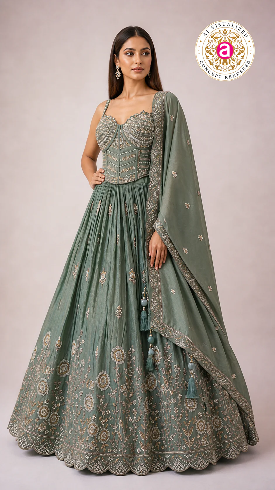 Sage Green Embroidered Lehenga Choli with Corset Blouse & Dupatta - Image 4