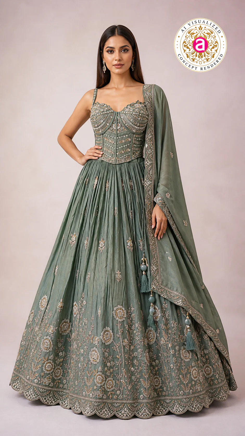 Sage Green Embroidered Lehenga Choli with Corset Blouse & Dupatta - Image 5