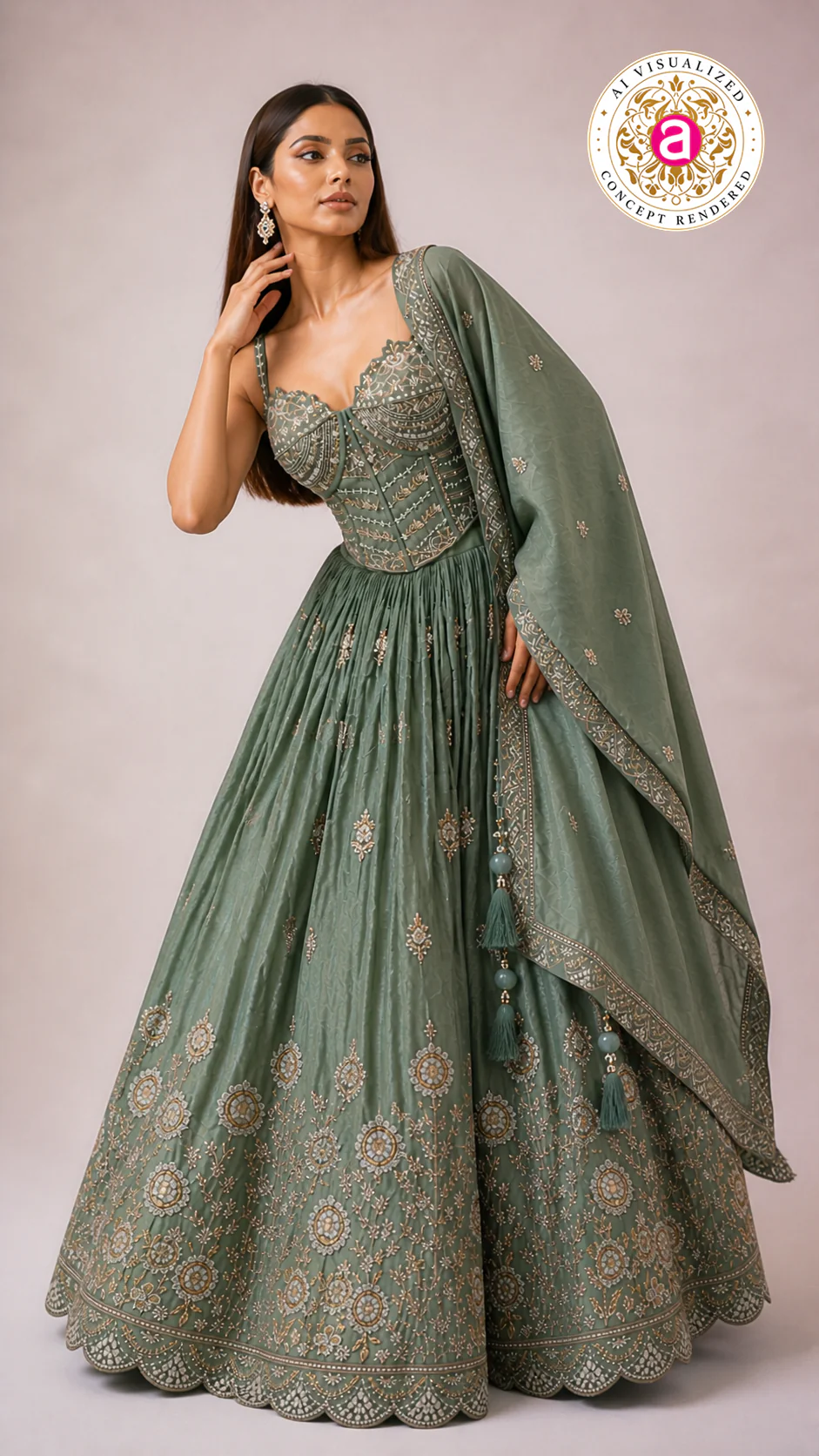Sage Green Embroidered Lehenga Choli with Corset Blouse & Dupatta - Image 6