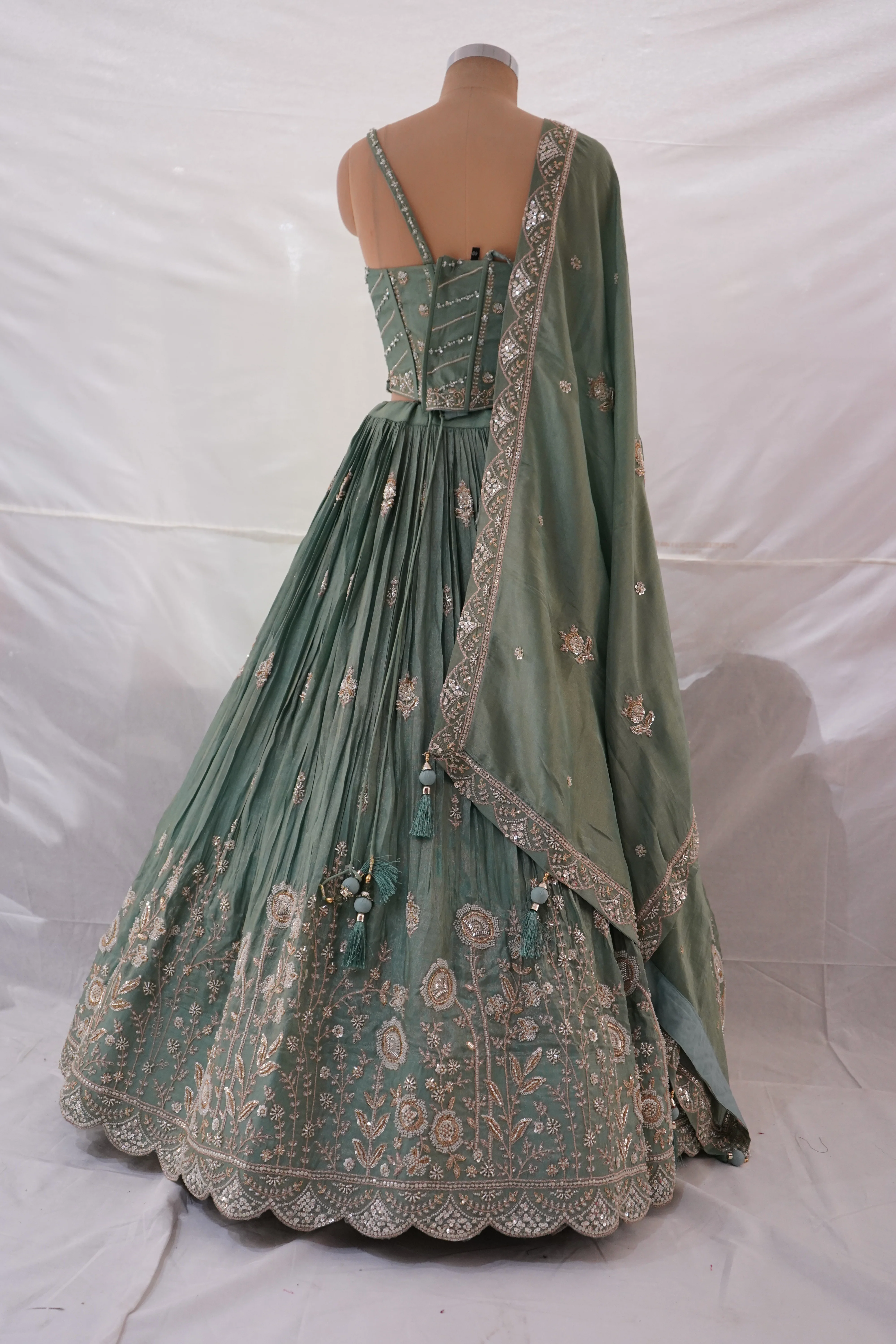 Sage Green Embroidered Lehenga Choli with Corset Blouse & Dupatta - Image 7