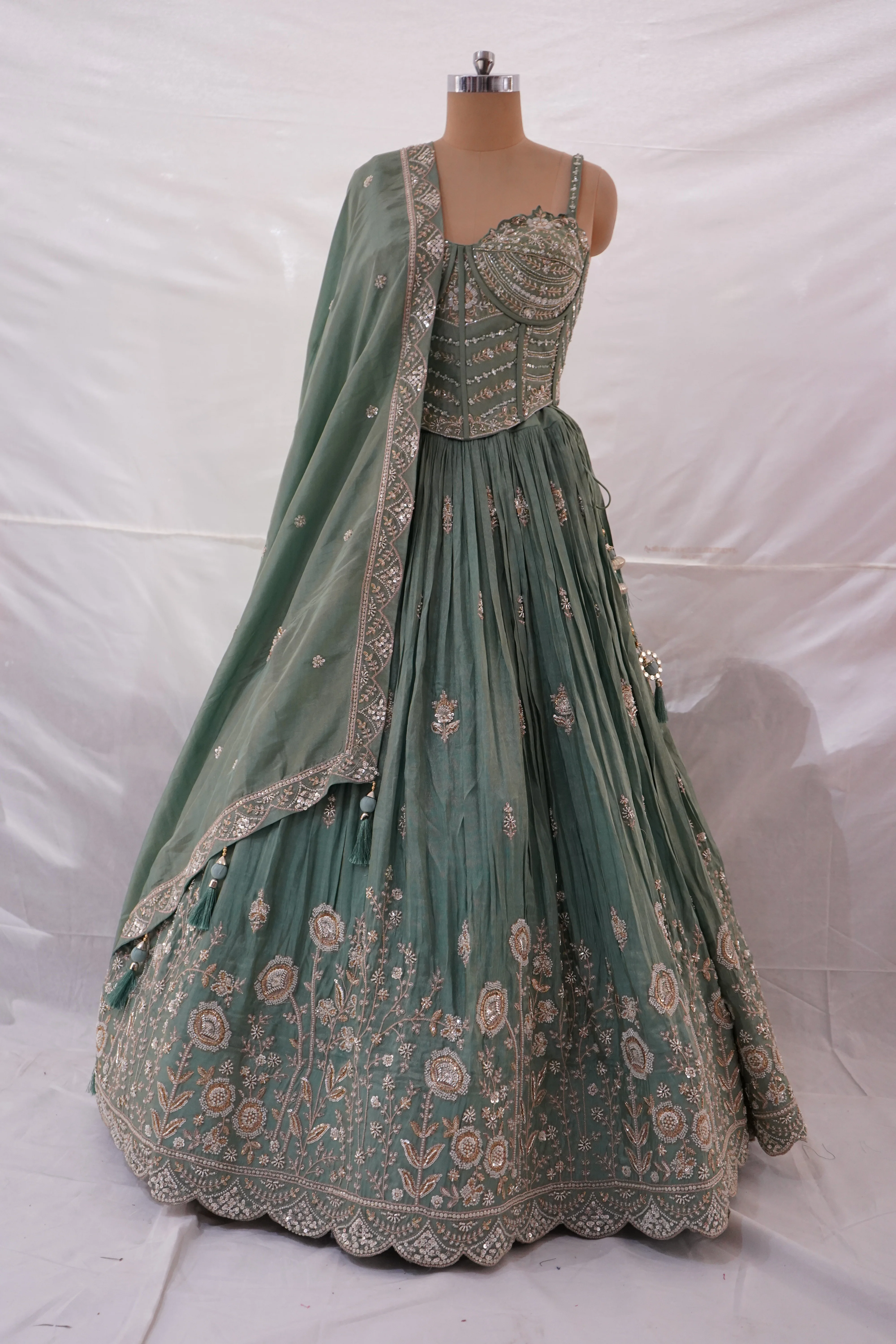 Sage Green Embroidered Lehenga Choli with Corset Blouse & Dupatta - Image 8