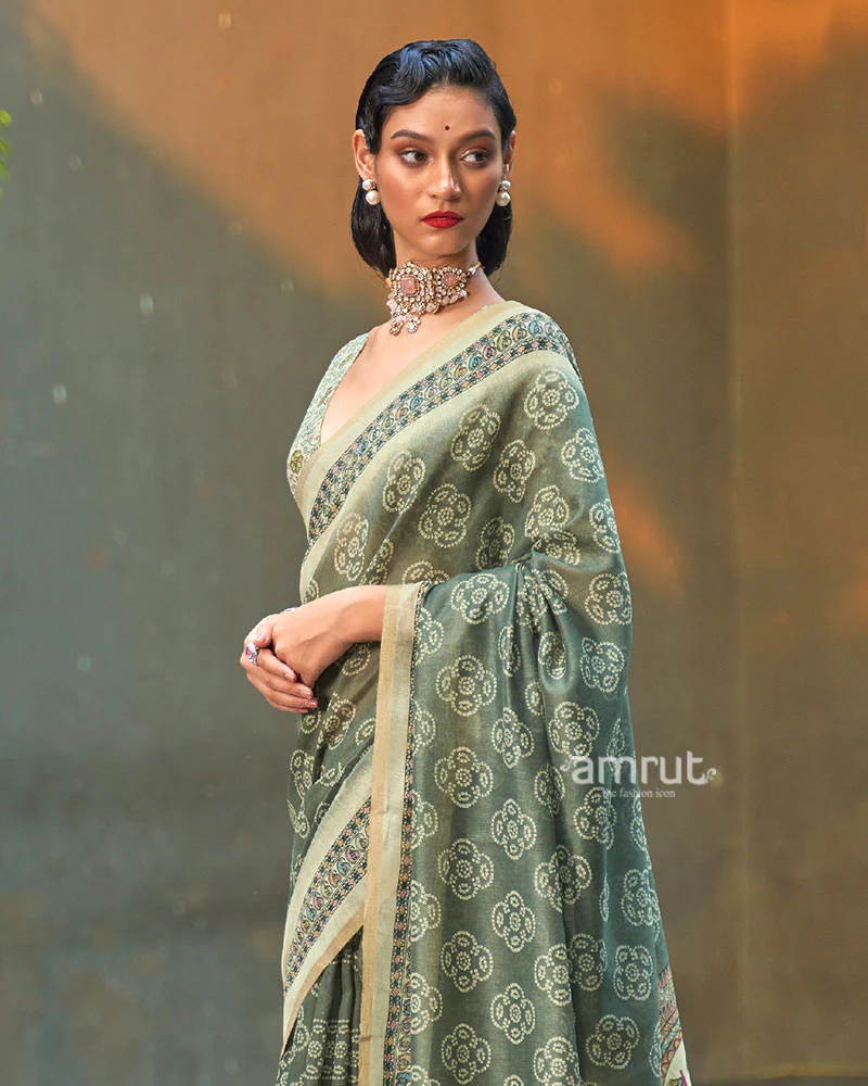 Sage Green Floral Printed Cotton Saree with Unstitched Blouse - Image 2