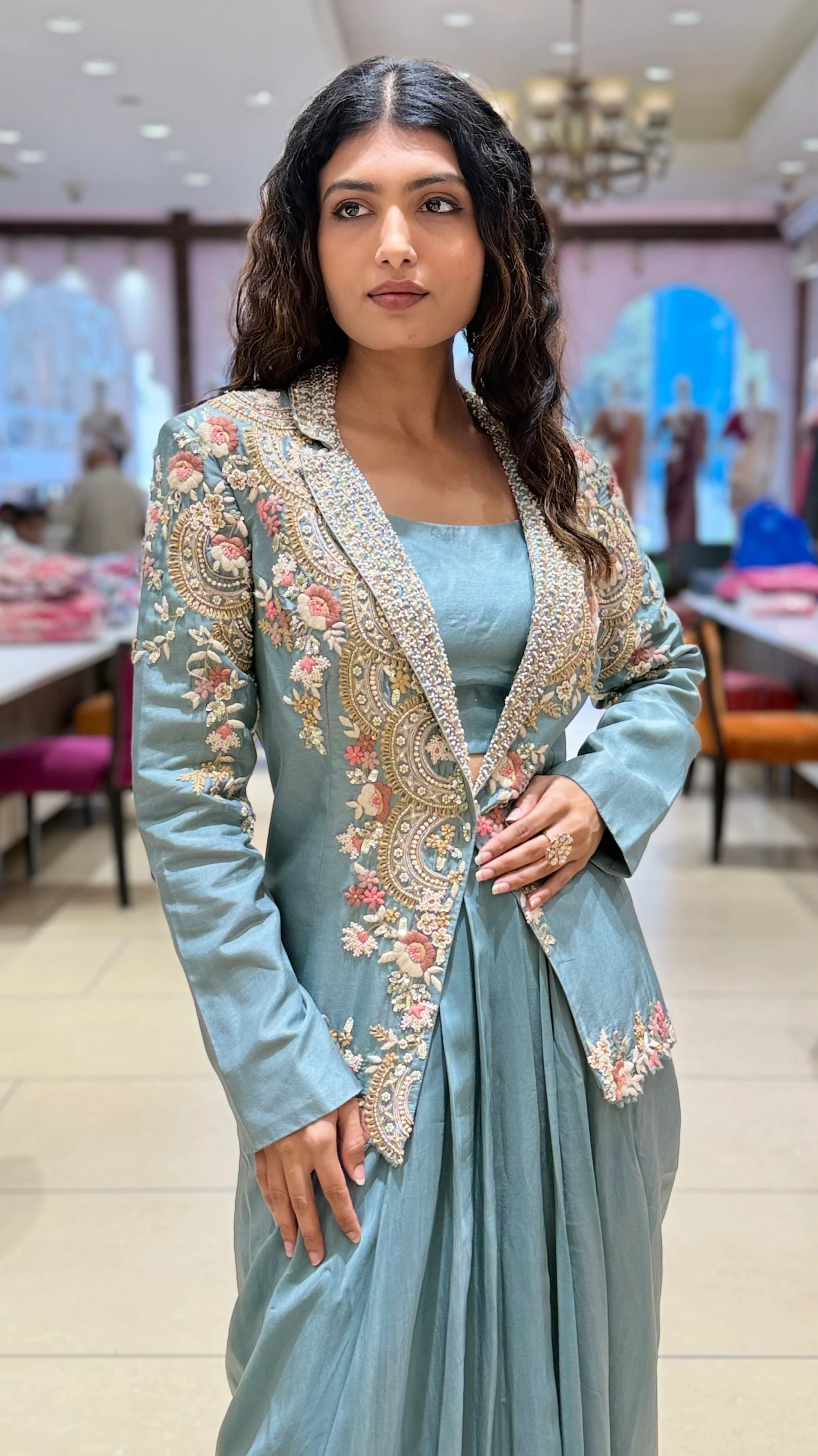 Sage Green Indo-Western Draped Skirt Set with Embroidered Jacket - Image 2