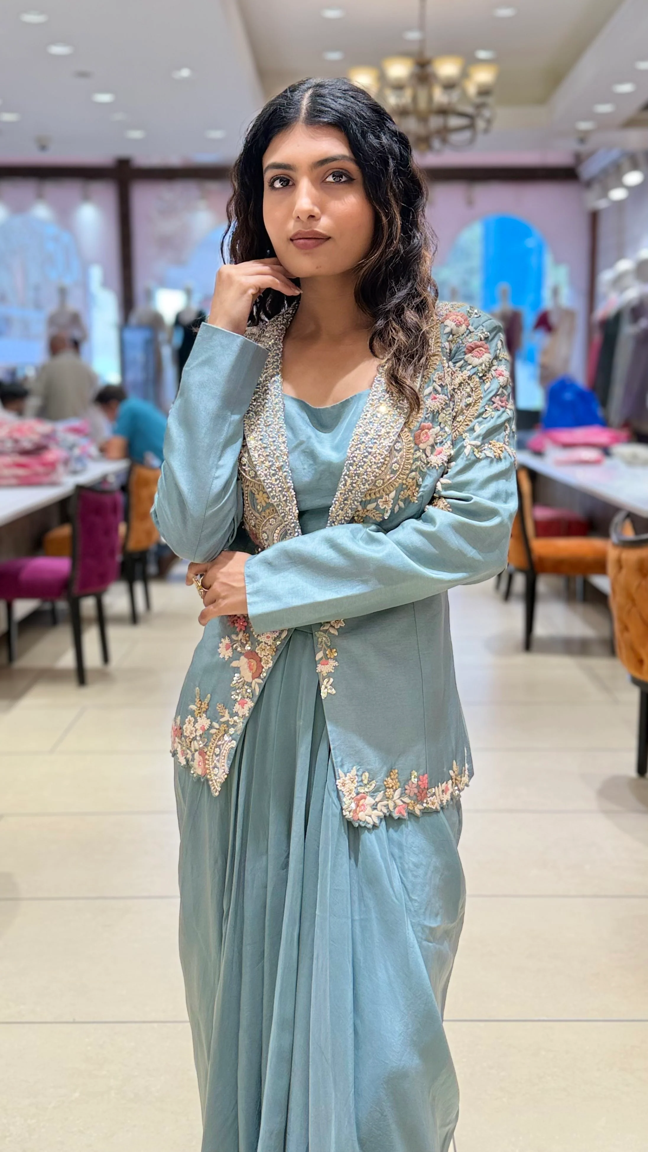 Sage Green Indo-Western Draped Skirt Set with Embroidered Jacket - Image 3