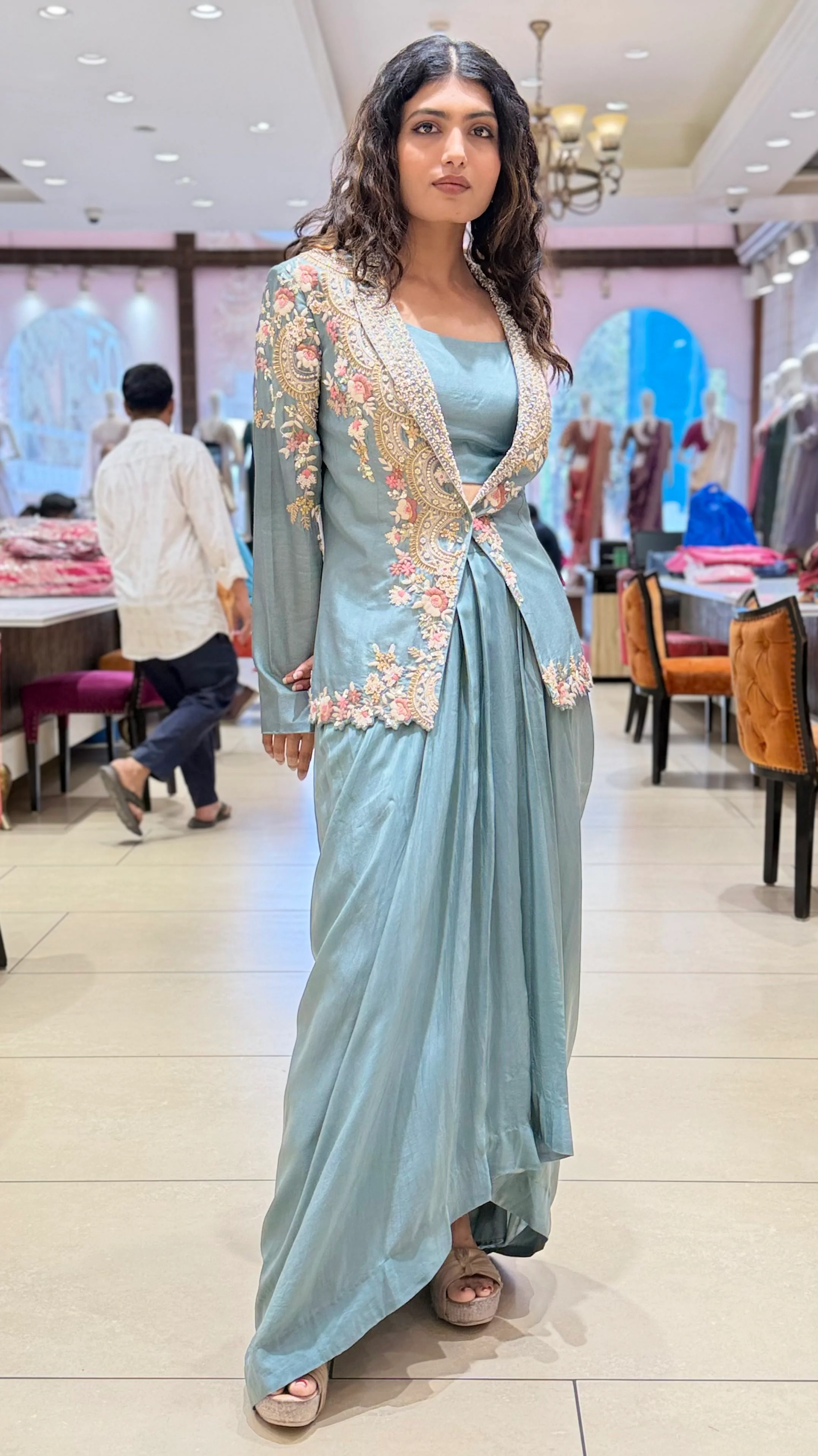 Sage Green Indo-Western Draped Skirt Set with Embroidered Jacket - Image 4
