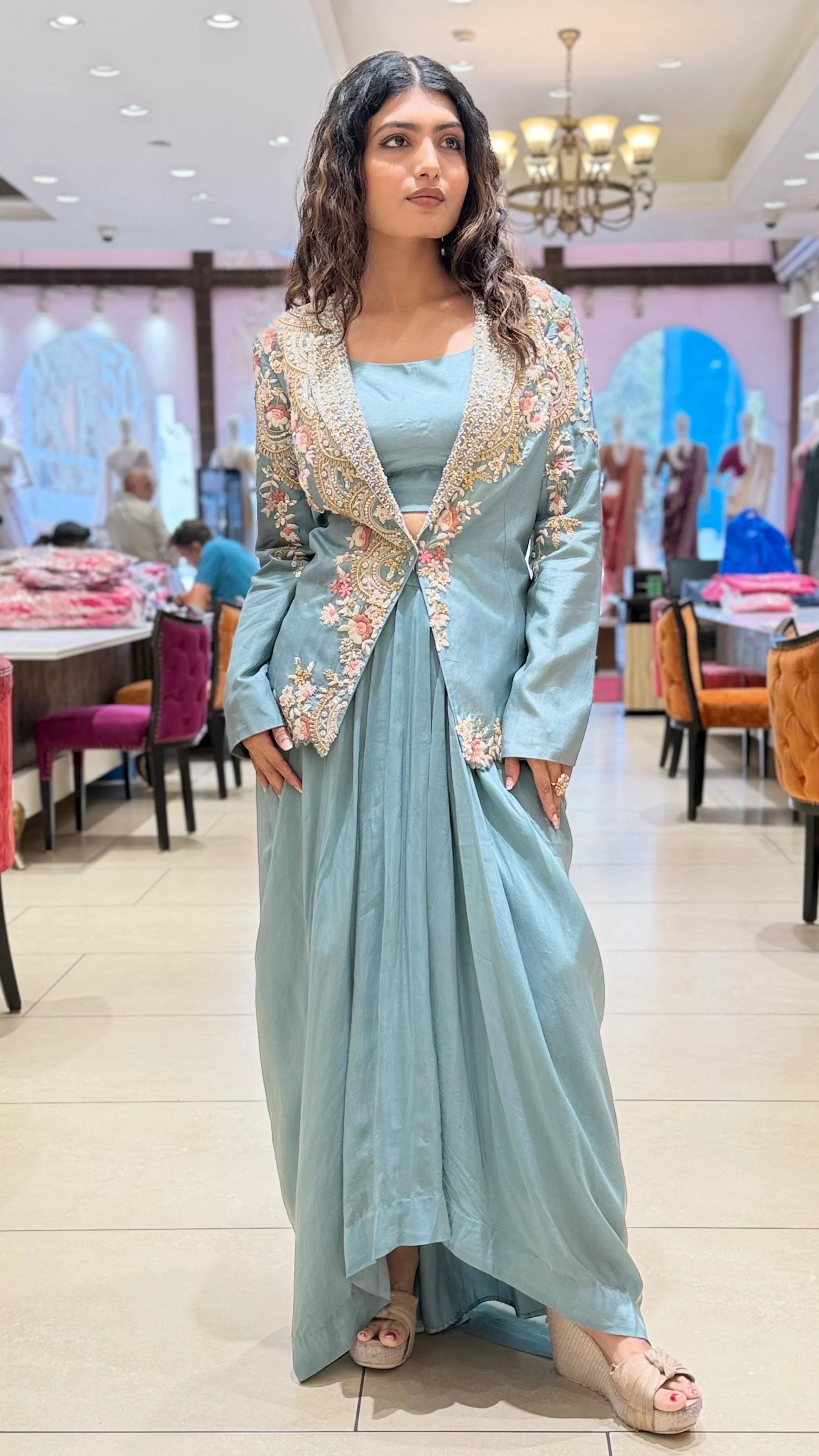 Sage Green Indo-Western Draped Skirt Set with Embroidered Jacket - Image 5