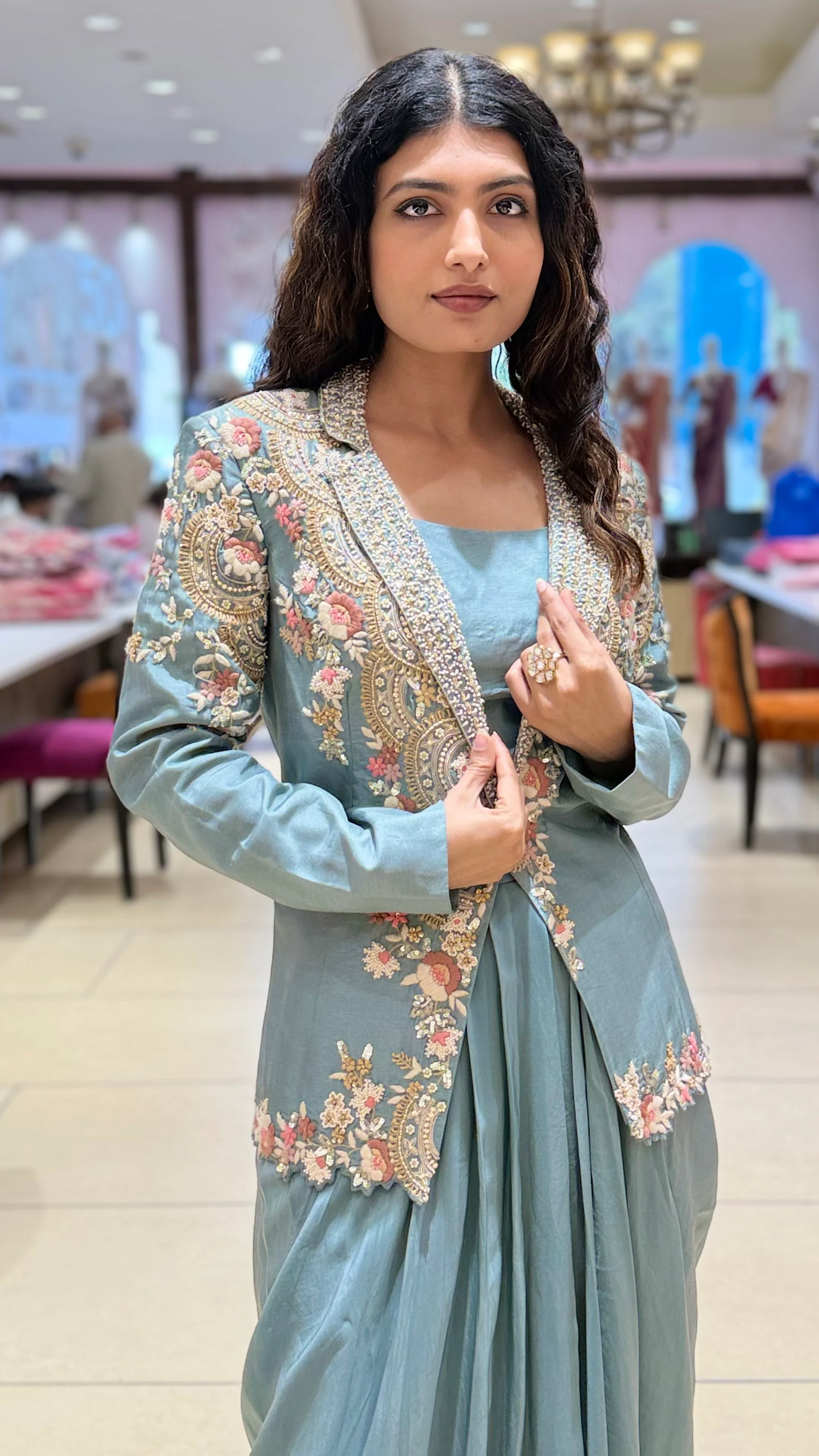 Sage Green Indo-Western Draped Skirt Set with Embroidered Jacket - Image 6
