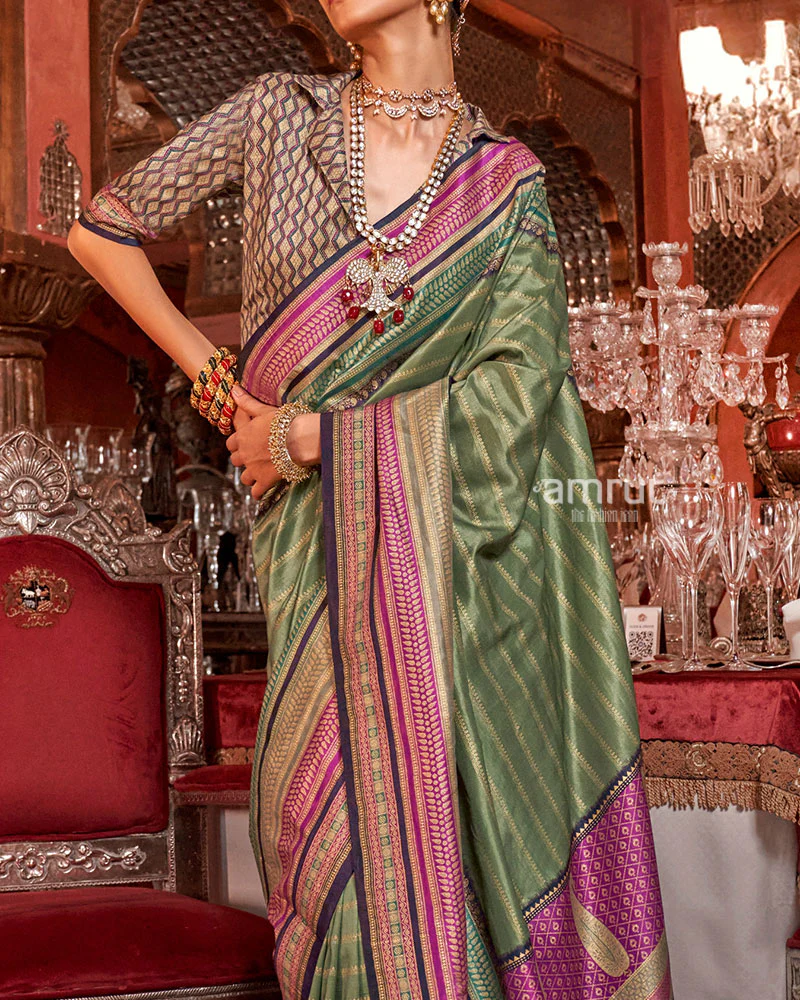 Sage Green Kanjivaram Silk Saree with Unstitched Blouse - Image 3