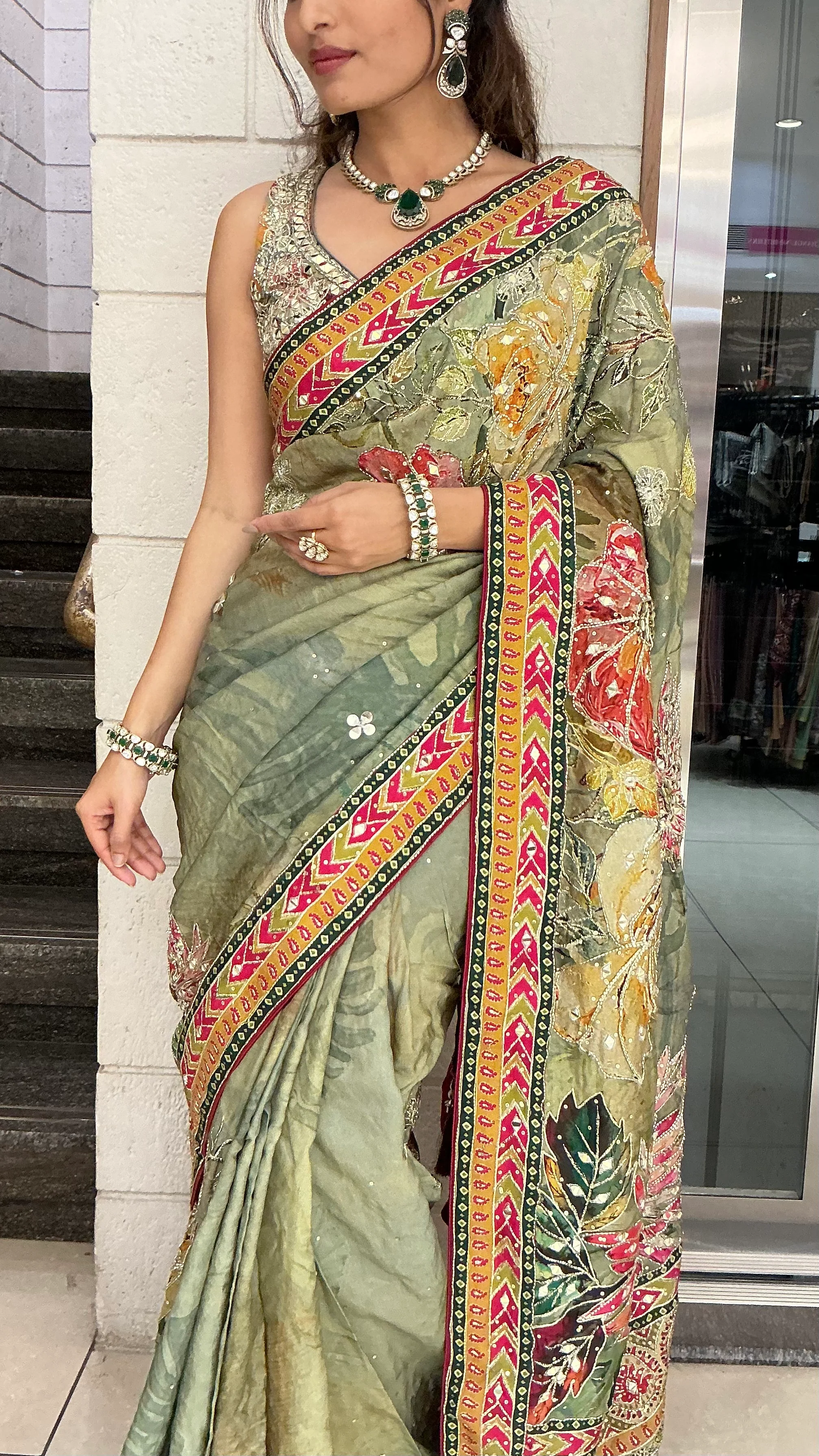 Sage Green Multicolour Floral Printed Designer Saree with Traditional Border - Image 2