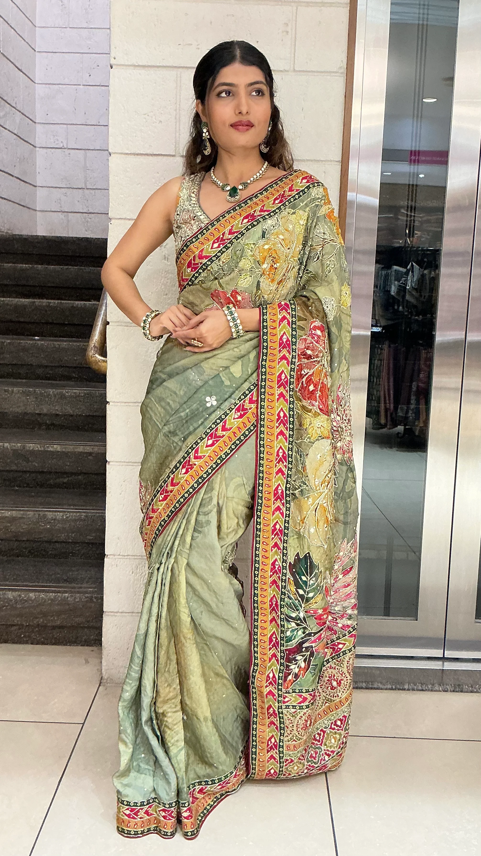 Sage Green Multicolour Floral Printed Designer Saree with Traditional Border - Image 3