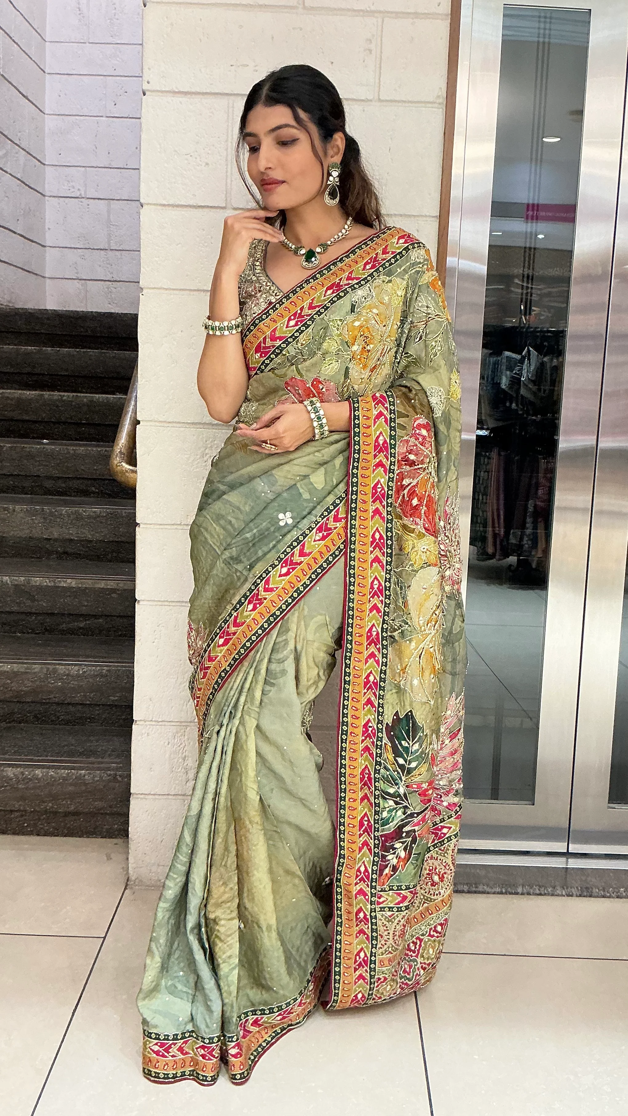Sage Green Multicolour Floral Printed Designer Saree with Traditional Border - Image 4